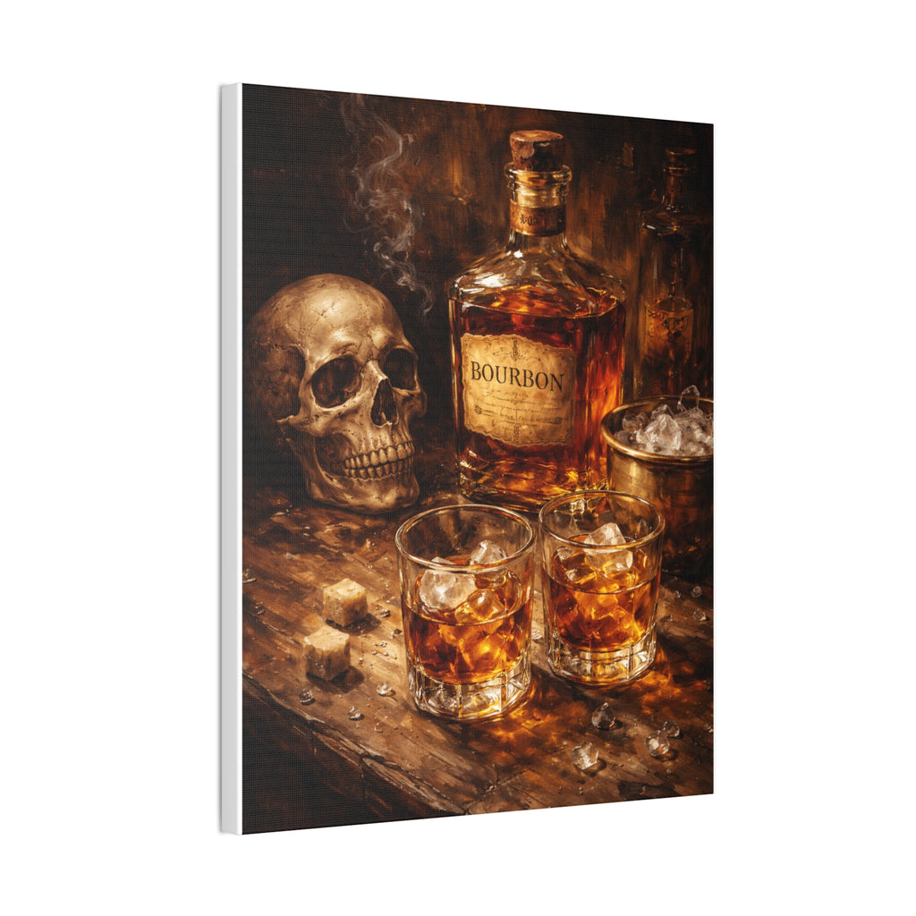 Bourbon Still Life Canvas Print — Skull & Whiskey Bar Art