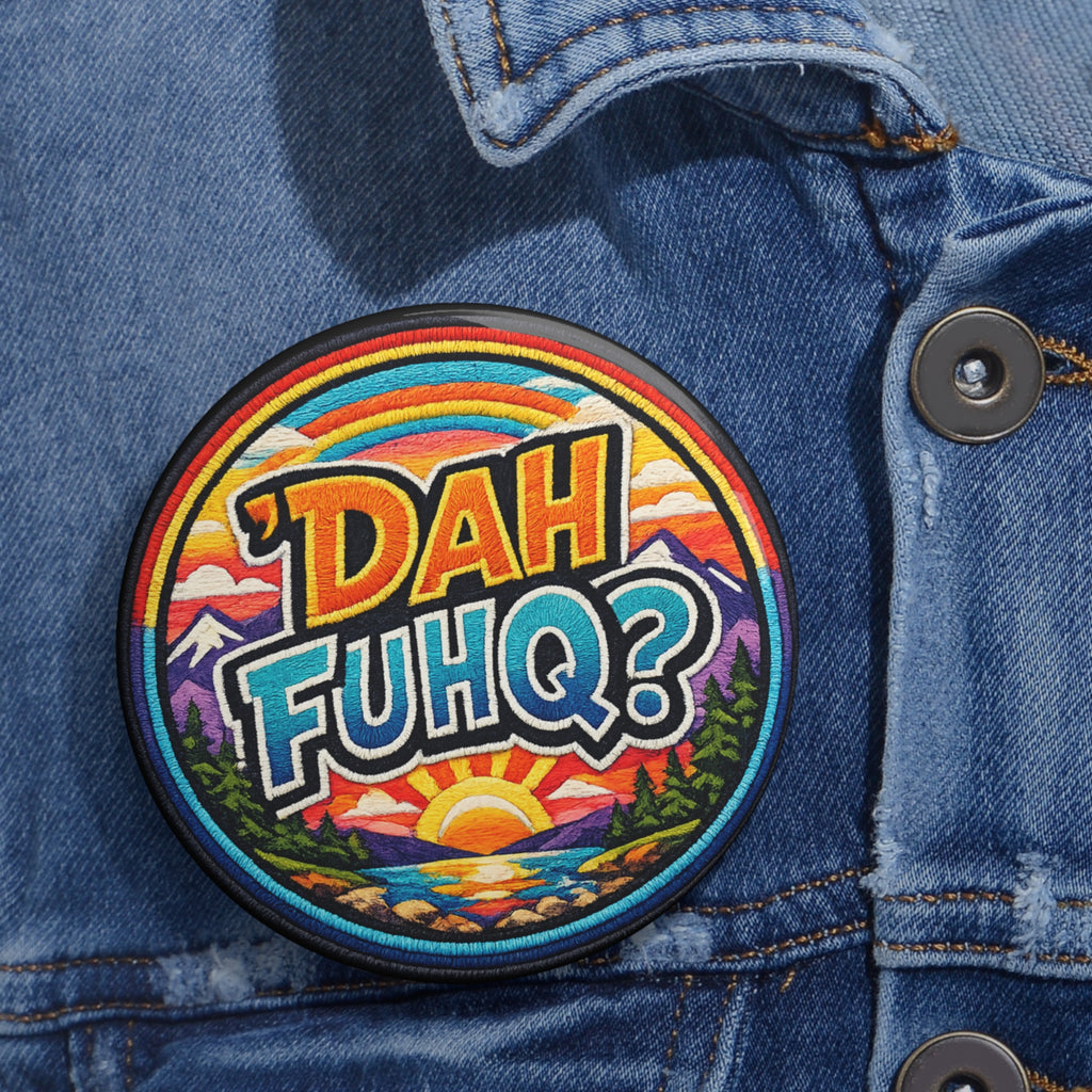 Pin Button — 'DAH FUHQ?' Retro Sunset Enamel-Look Lapel Pin
