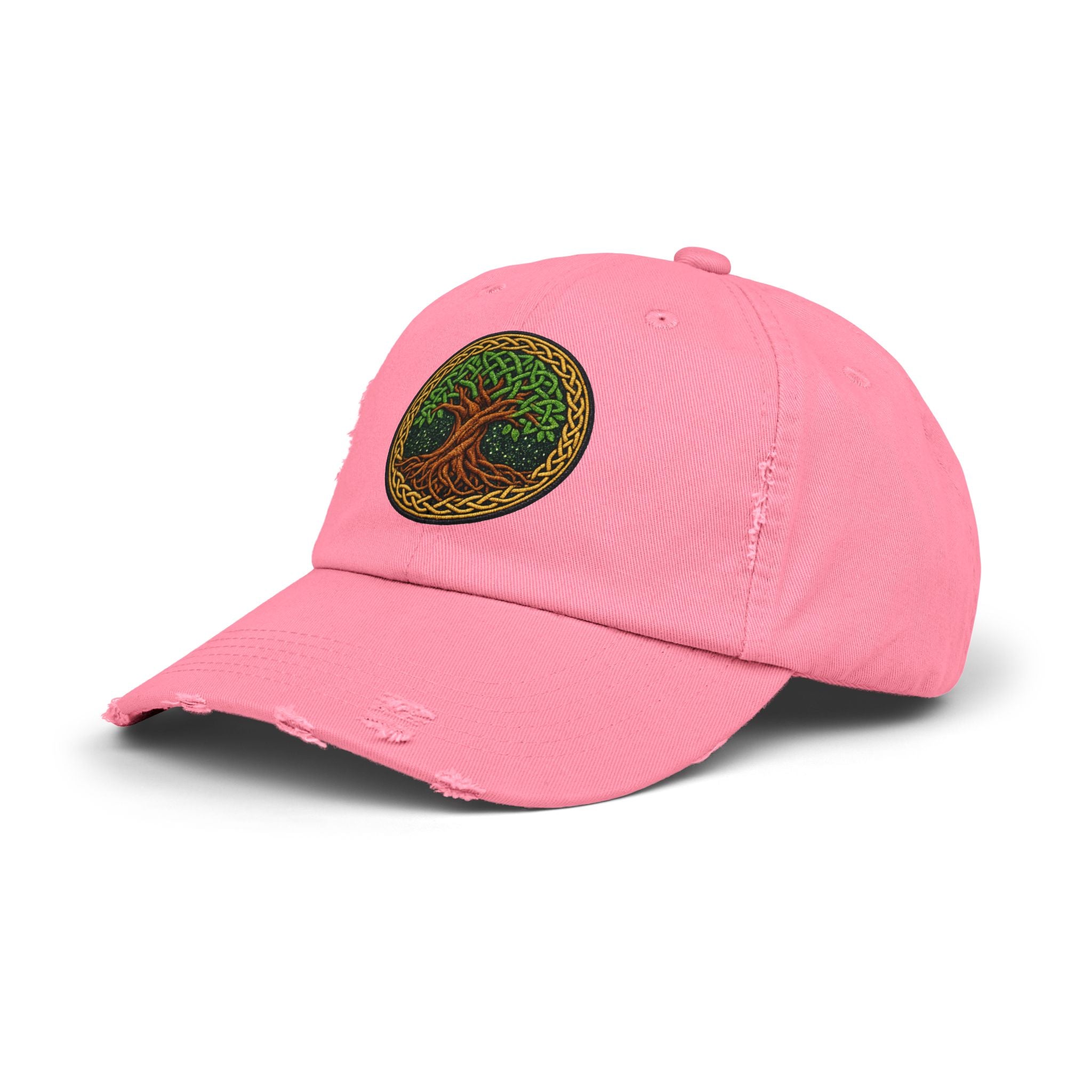 Distressed Baseball Cap — Celtic Tree of Life Faux-Embroidered Adjustable Hat