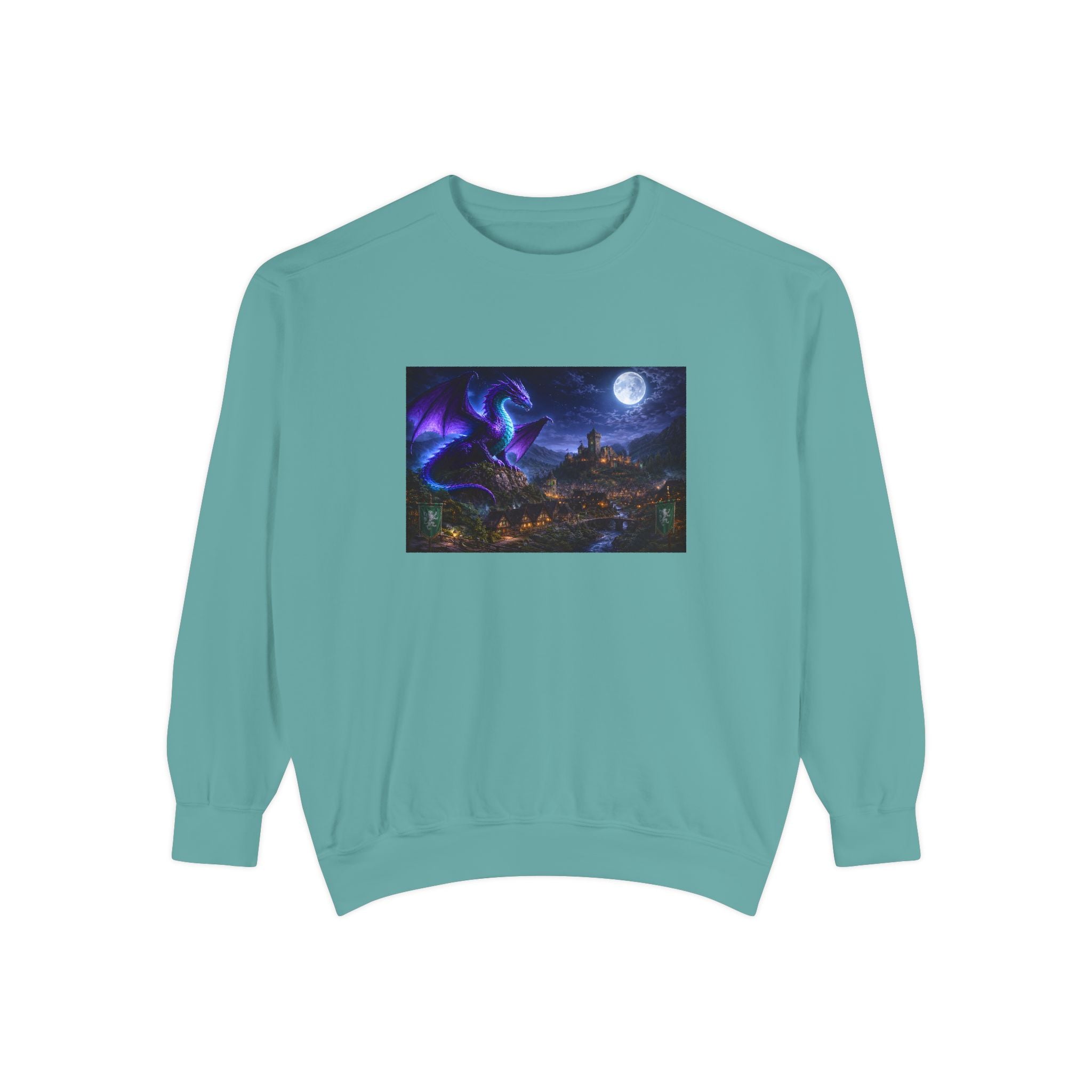Dragon Night Sweatshirt — Mystical Purple Dragon Over Moonlit Village