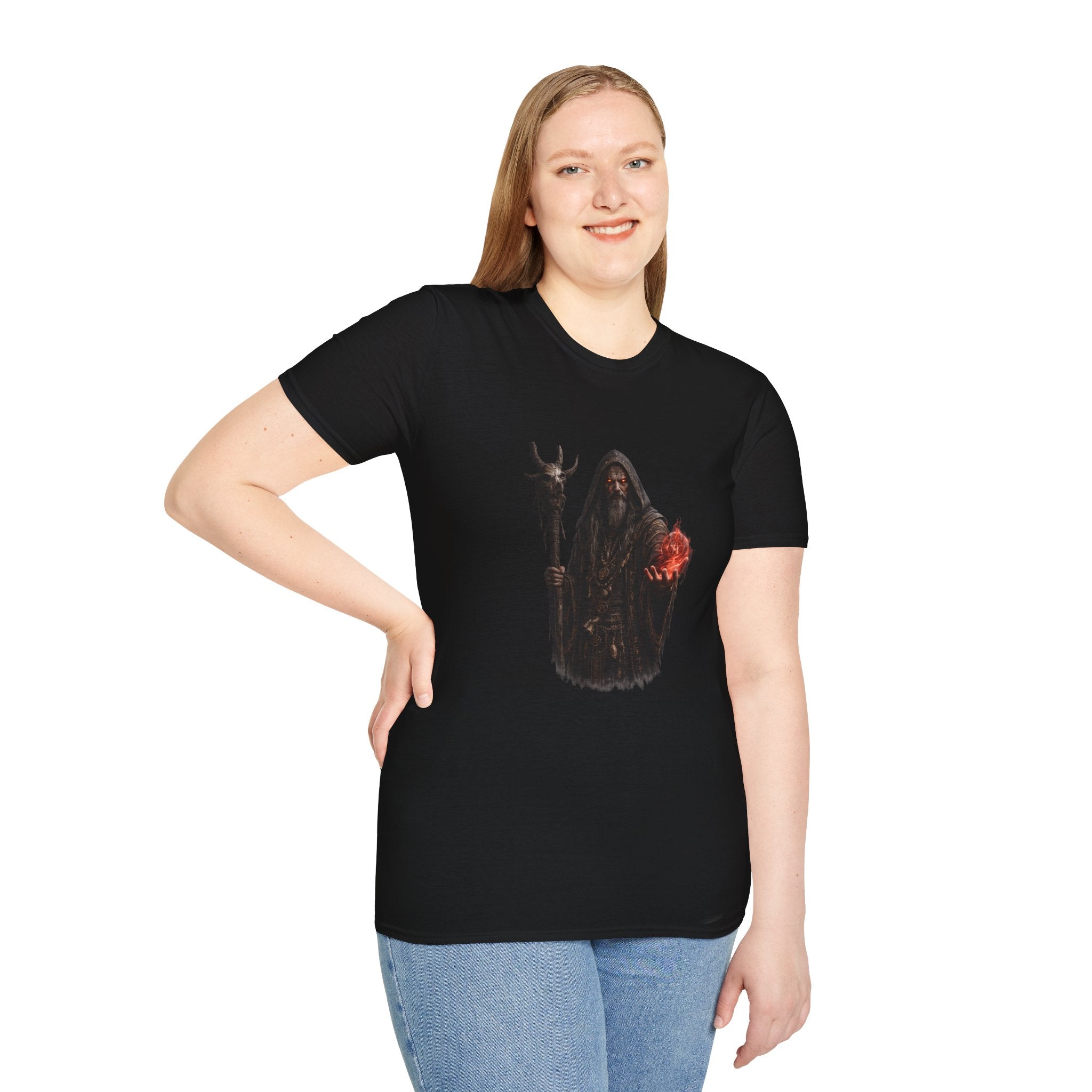 Dark Wizard T‑Shirt — Sorcerer with Flaming Orb Fantasy Tee