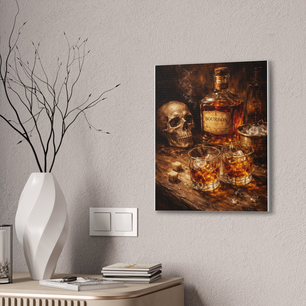 Bourbon Still Life Canvas Print — Skull & Whiskey Bar Art