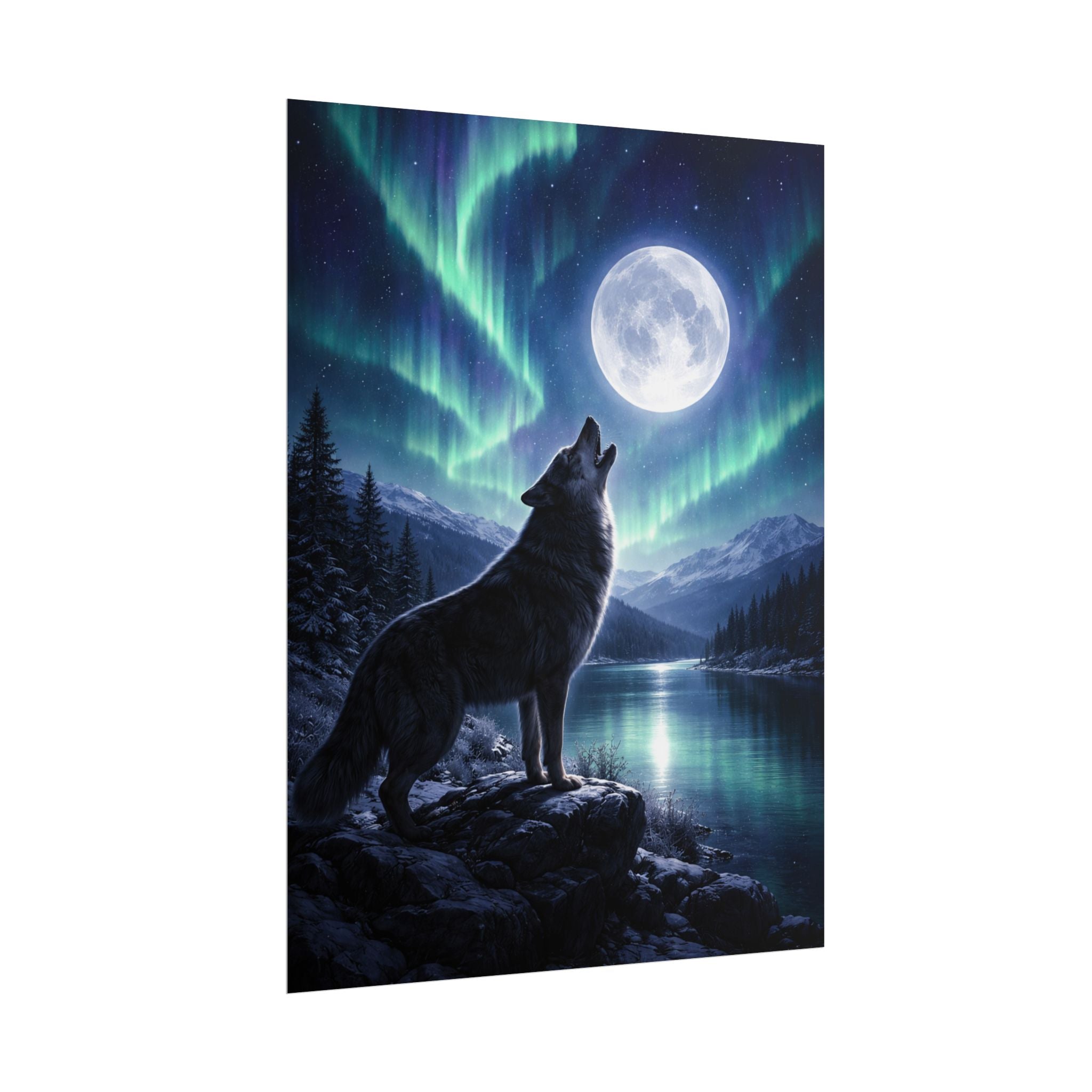 Wolf Howl Moon Poster – Northern Lights Landscape Wall Art