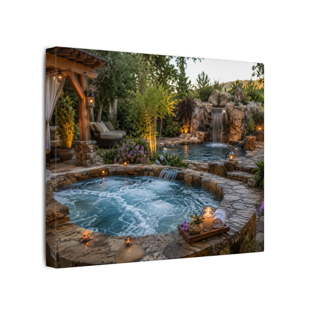 Relaxing Backyard Spa Canvas Wall Art – Tranquil Pool & Waterfall Scene