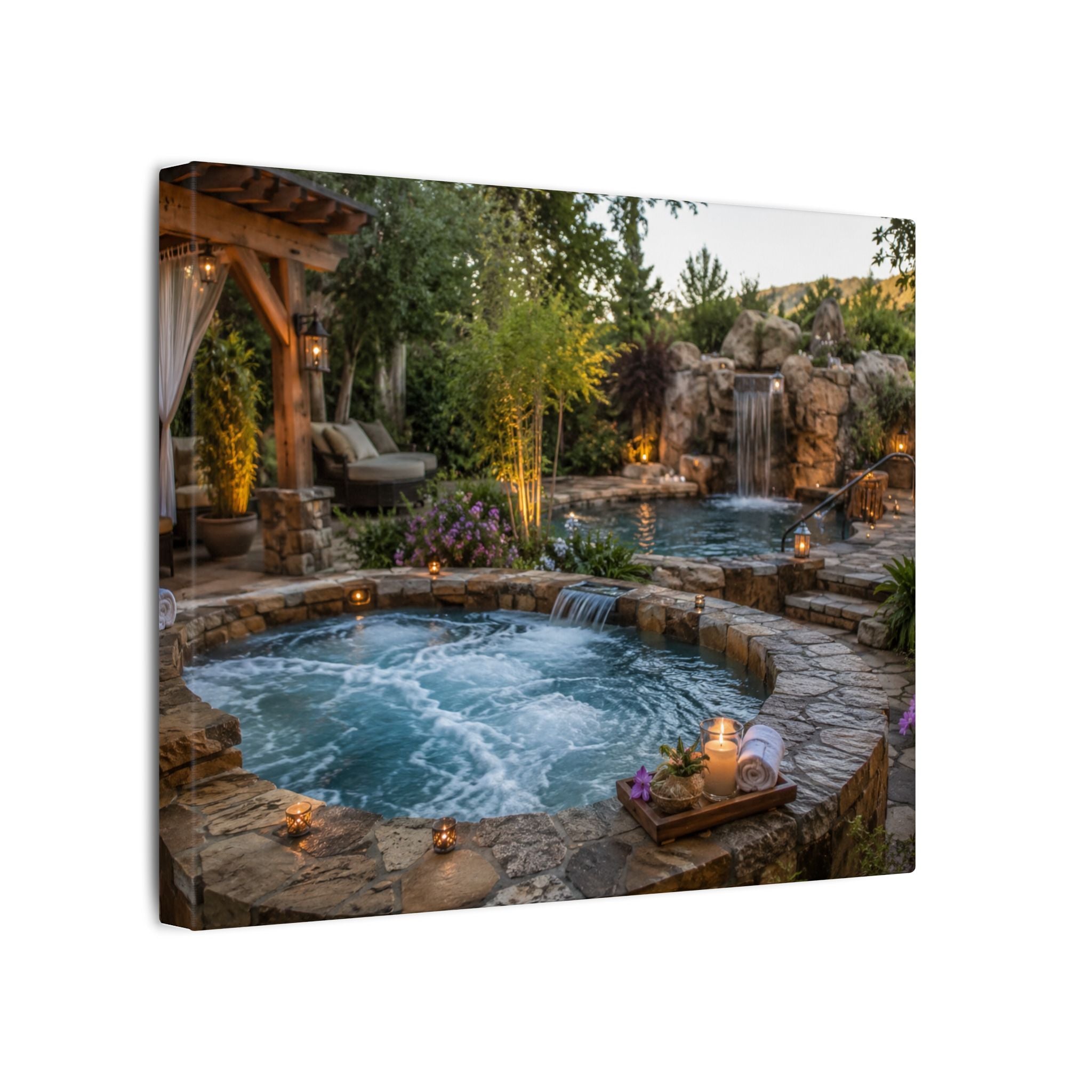 Relaxing Backyard Spa Canvas Wall Art – Tranquil Pool & Waterfall Scene