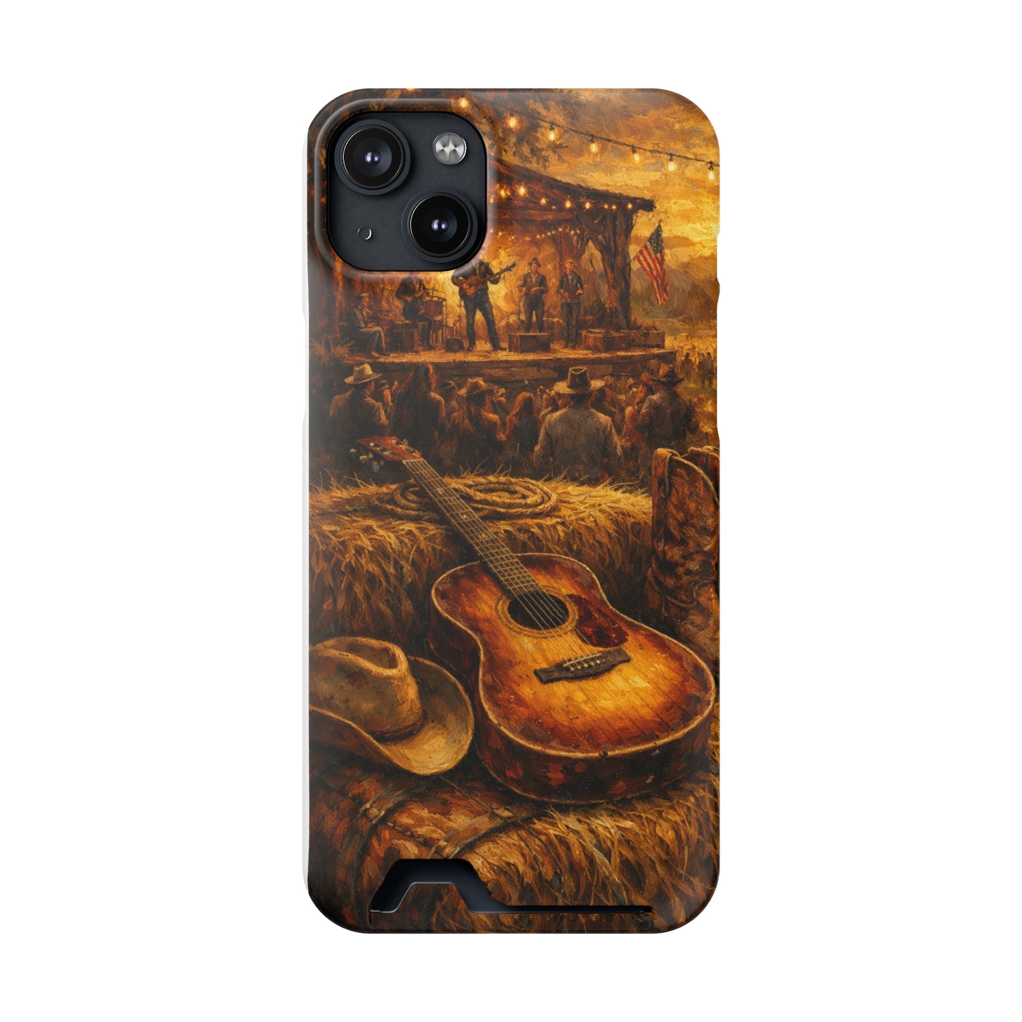 Country Music Guitar Phone Case with Card Holder — Rustic Concert Scene