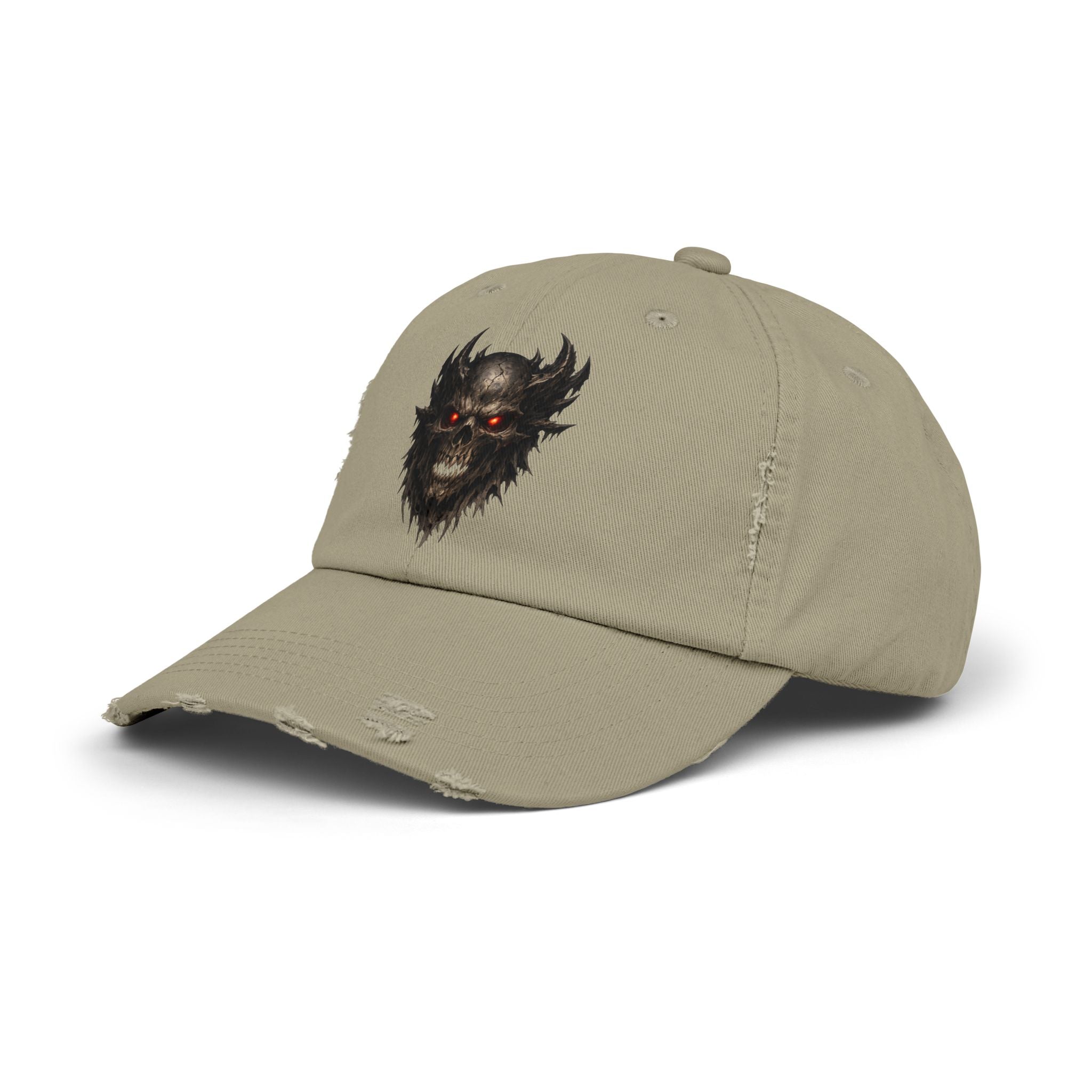 Distressed Skull Cap with Glowing Red Eyes — Gothic Demon Hat