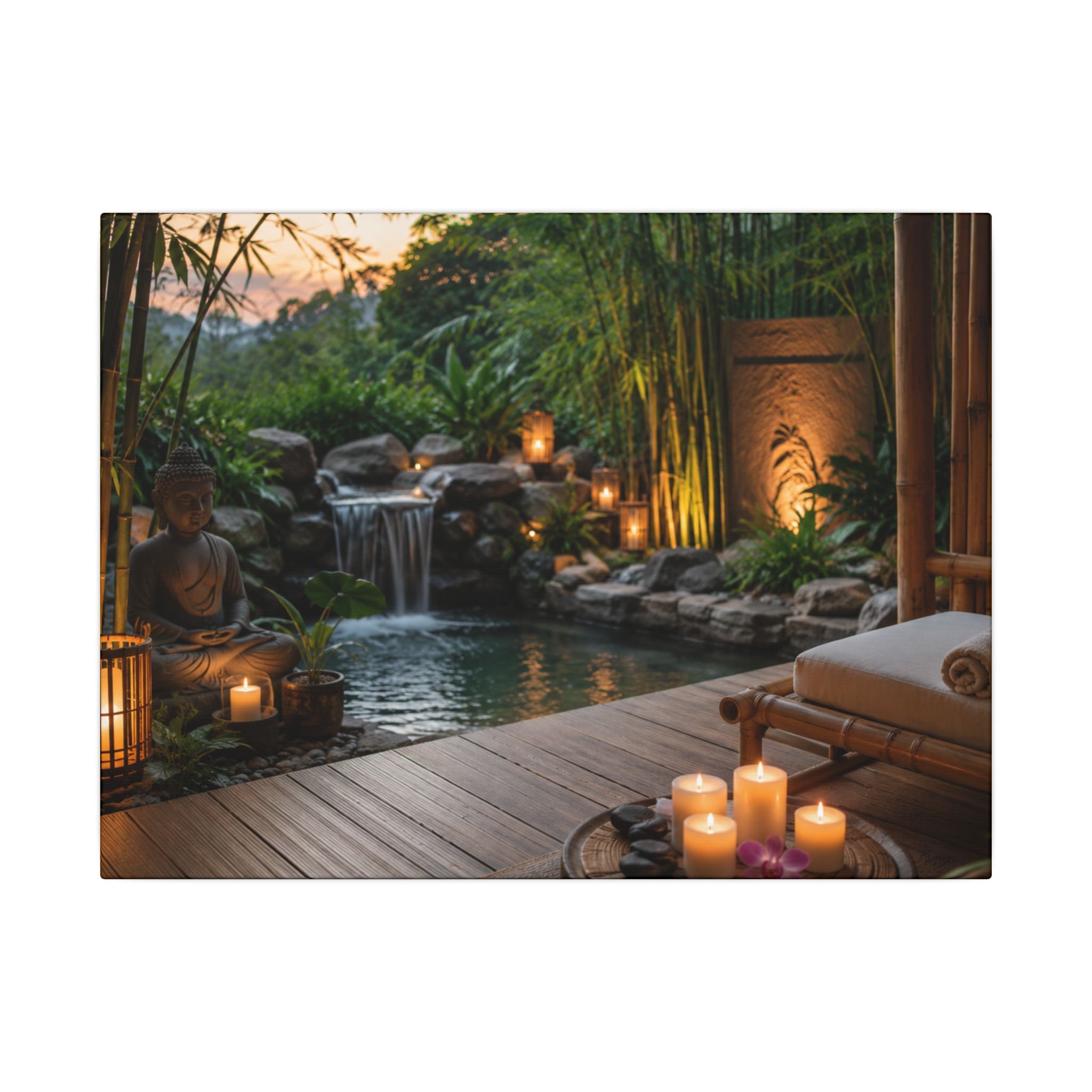 Zen Spa Retreat Canvas — Tranquil Bamboo Waterfall Wall Art