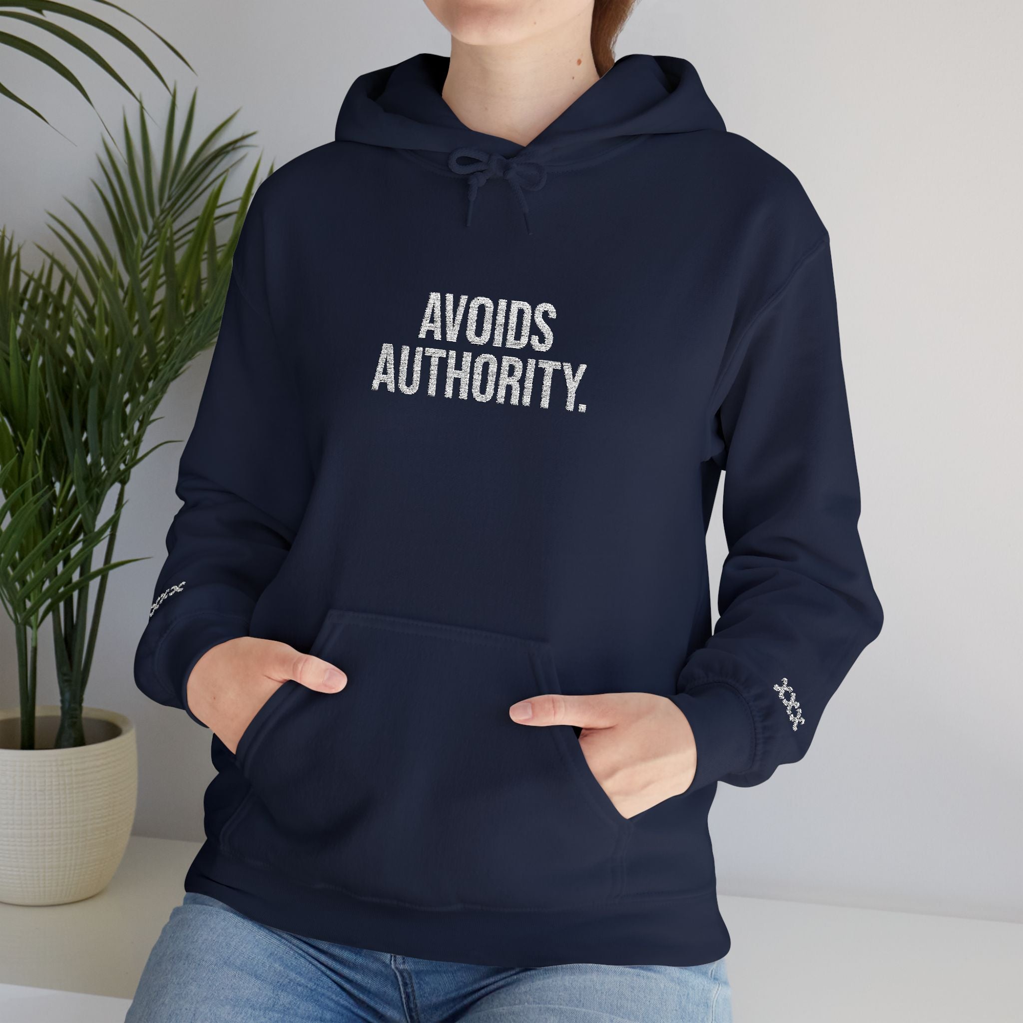 Avoids Authority Hoodie — Rebellious Embroidered Pullover