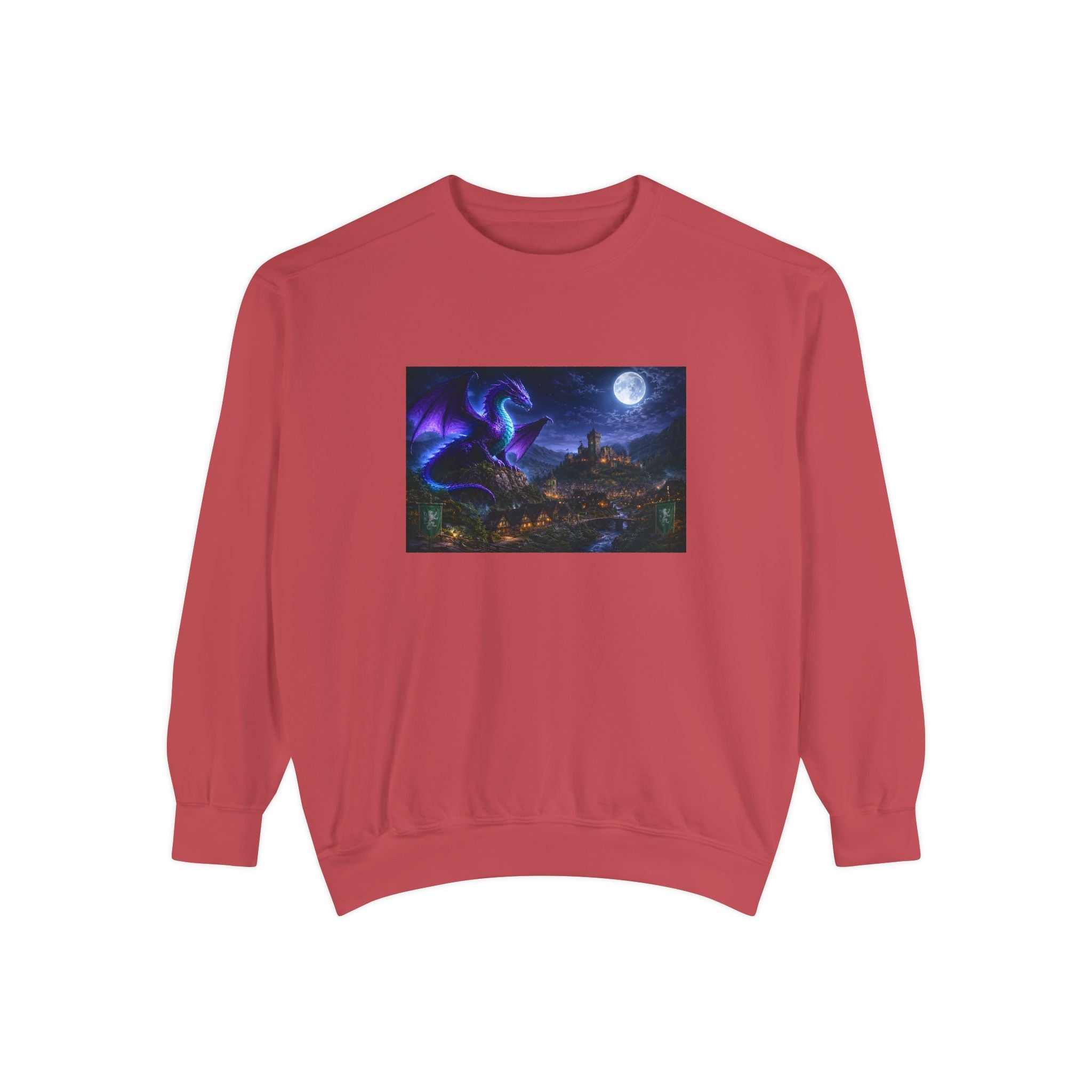 Dragon Night Sweatshirt — Mystical Purple Dragon Over Moonlit Village