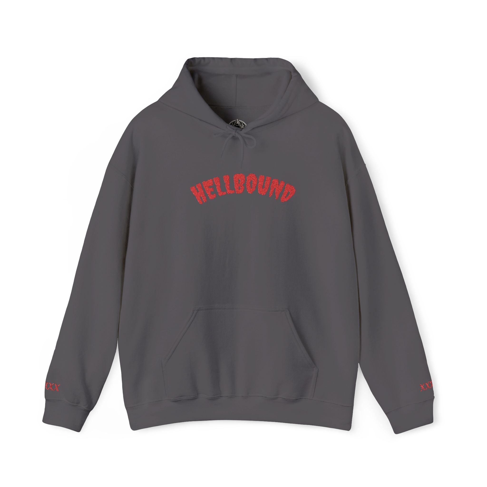 Hellbound Hoodie — Gothic Red Script Embroidered Pullover