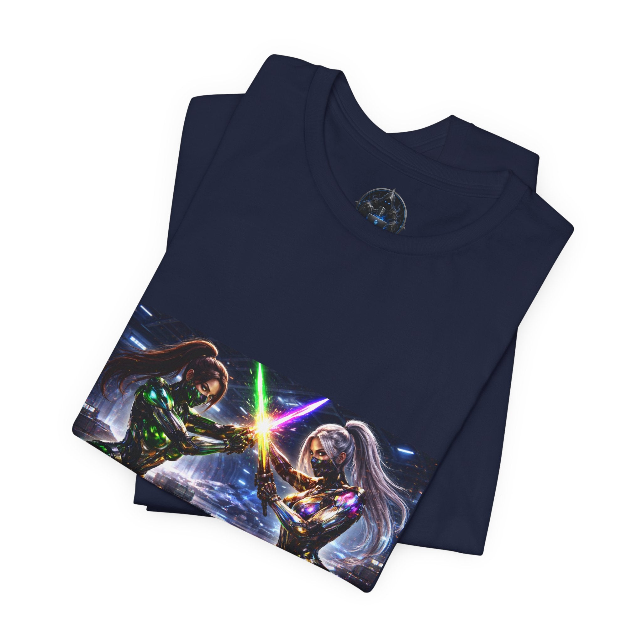 Sci‑Fi Duel Graphic Tee — Neon Cyber Warriors Chest Print