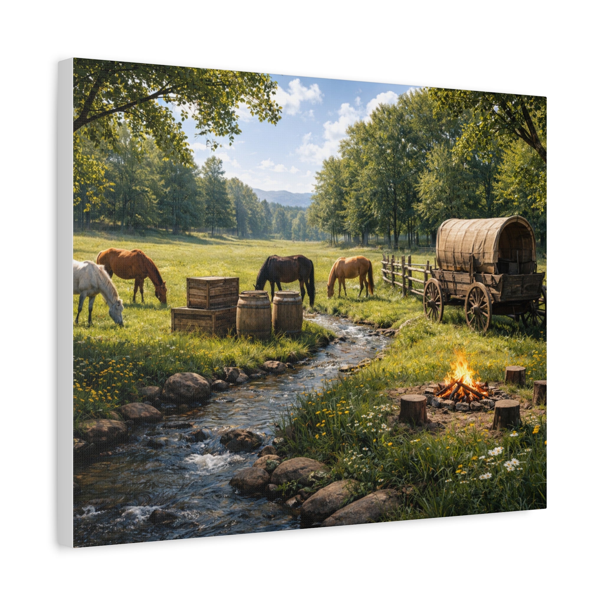 Country Trail Canvas Print – Rustic Wagon & Horses Matte Stretched Wall Art