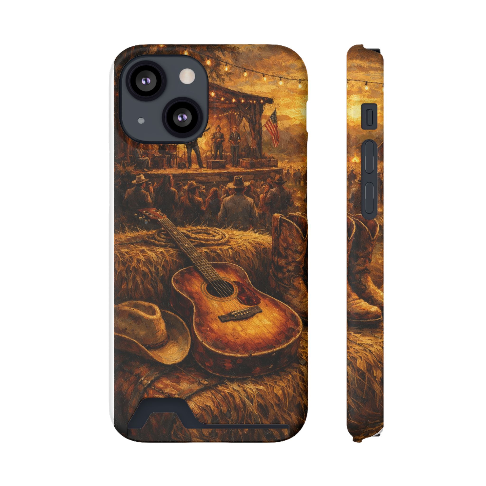 Country Music Guitar Phone Case with Card Holder — Rustic Concert Scene