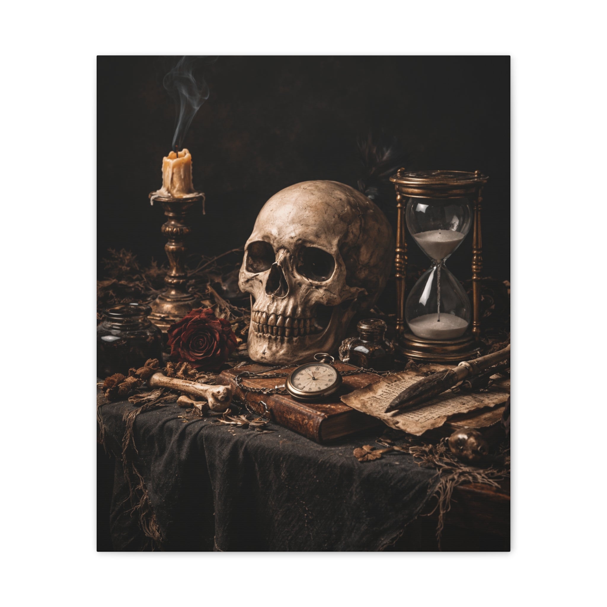 Memento Mori - Still Life Canvas — Skull, Hourglass & Candle Wall Art