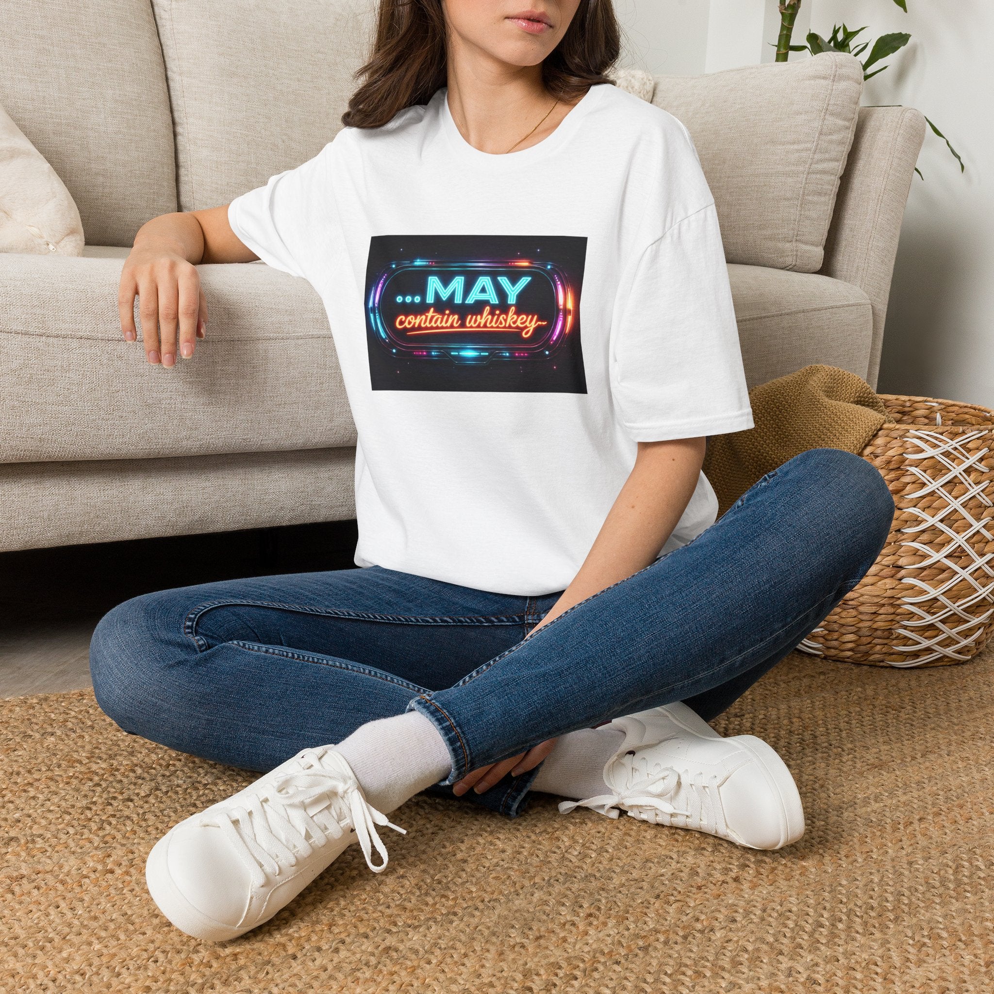 May Contain Whiskey T-Shirt – Funny Neon Retro Graphic Tee for Whiskey Lovers