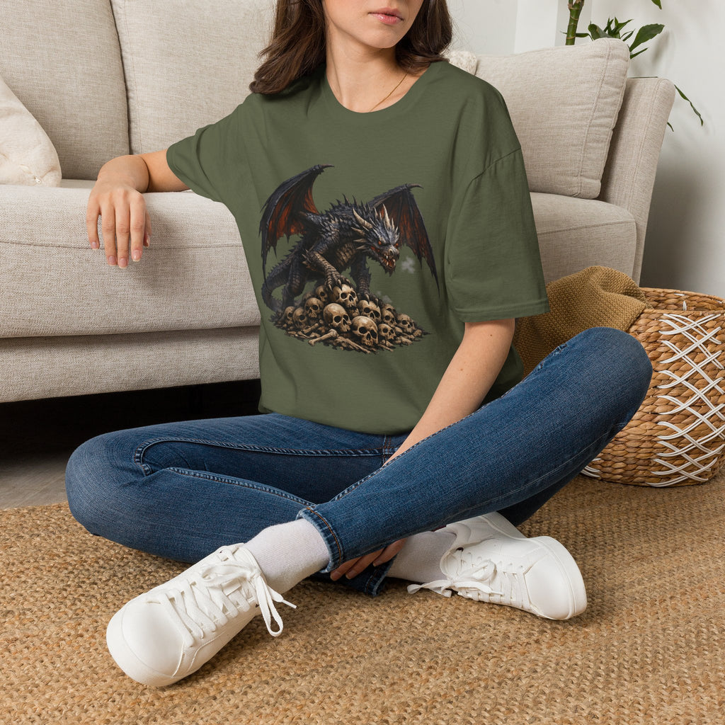 Dragon on Skull Pile Graphic T-Shirt — Dark Fantasy Winged Dragon Design