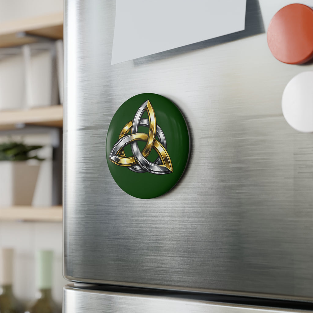 Celtic Knot Round Magnet — Gold & Silver Triquetra on Green