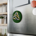 Celtic Knot Round Magnet — Gold & Silver Triquetra on Green