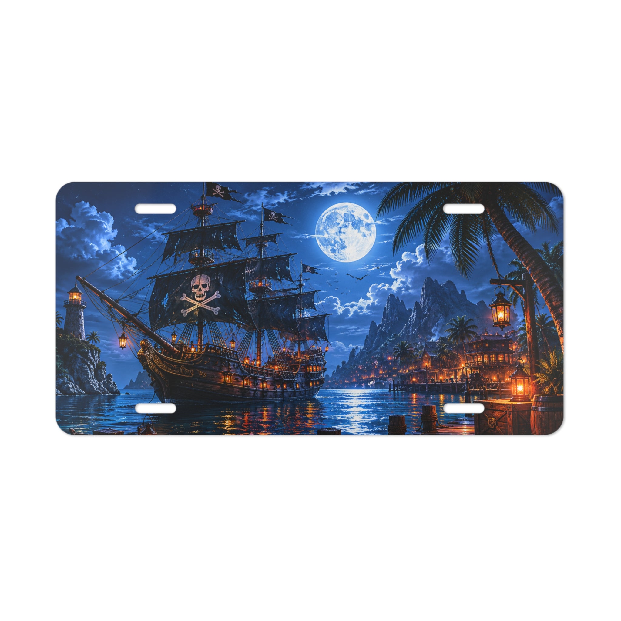 Pirate Night Vanity Plate — Moonlit Pirate Ship License Plate