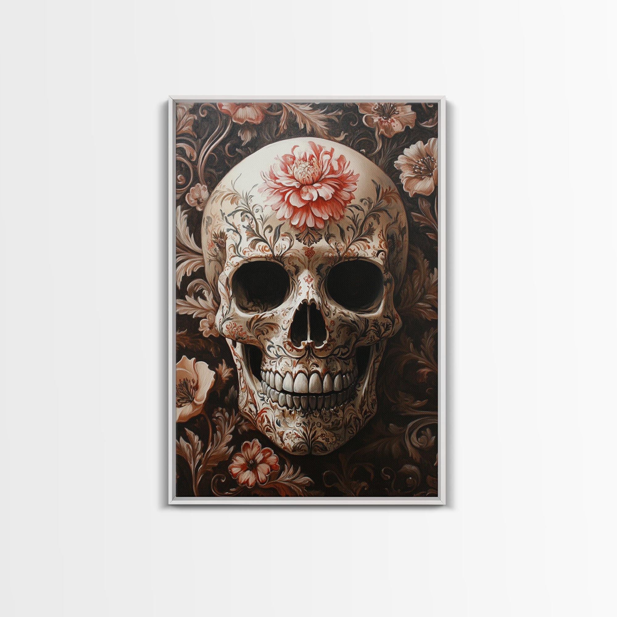 Skull Art Framed Canvas Print with Floral Botanical Prints in Gothic Chinoiserie Style, Perfect Halloween Rustic Wall Art Decoration