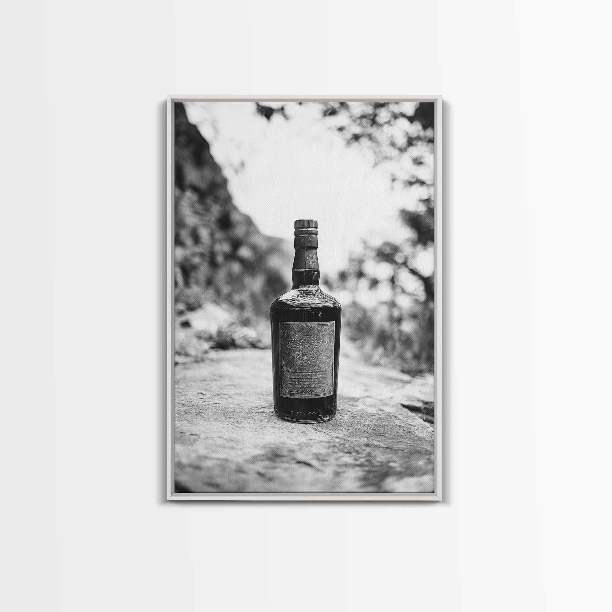 Vintage Whiskey Bottle, Rustic Outdoor Still, Timeless Spirits, Aged Detail, Framed Canvas Print, Man Cave Art, Bar Wall Decor