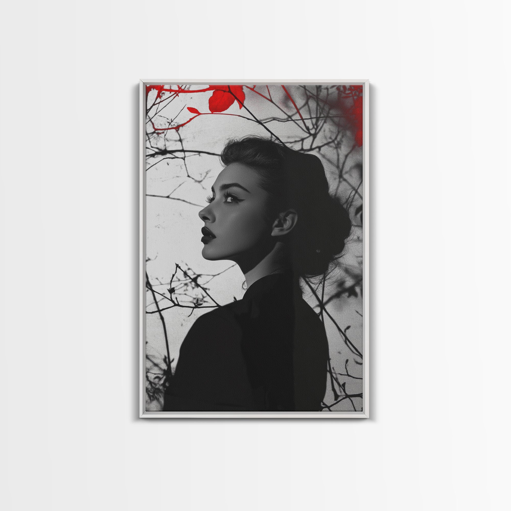 Noir Beauty, Red Accent Leaves, Dramatic Woman Profile, Framed Canvas Print, Glamour Wall Art, Gothic Bedroom Decor, Monochrome Style