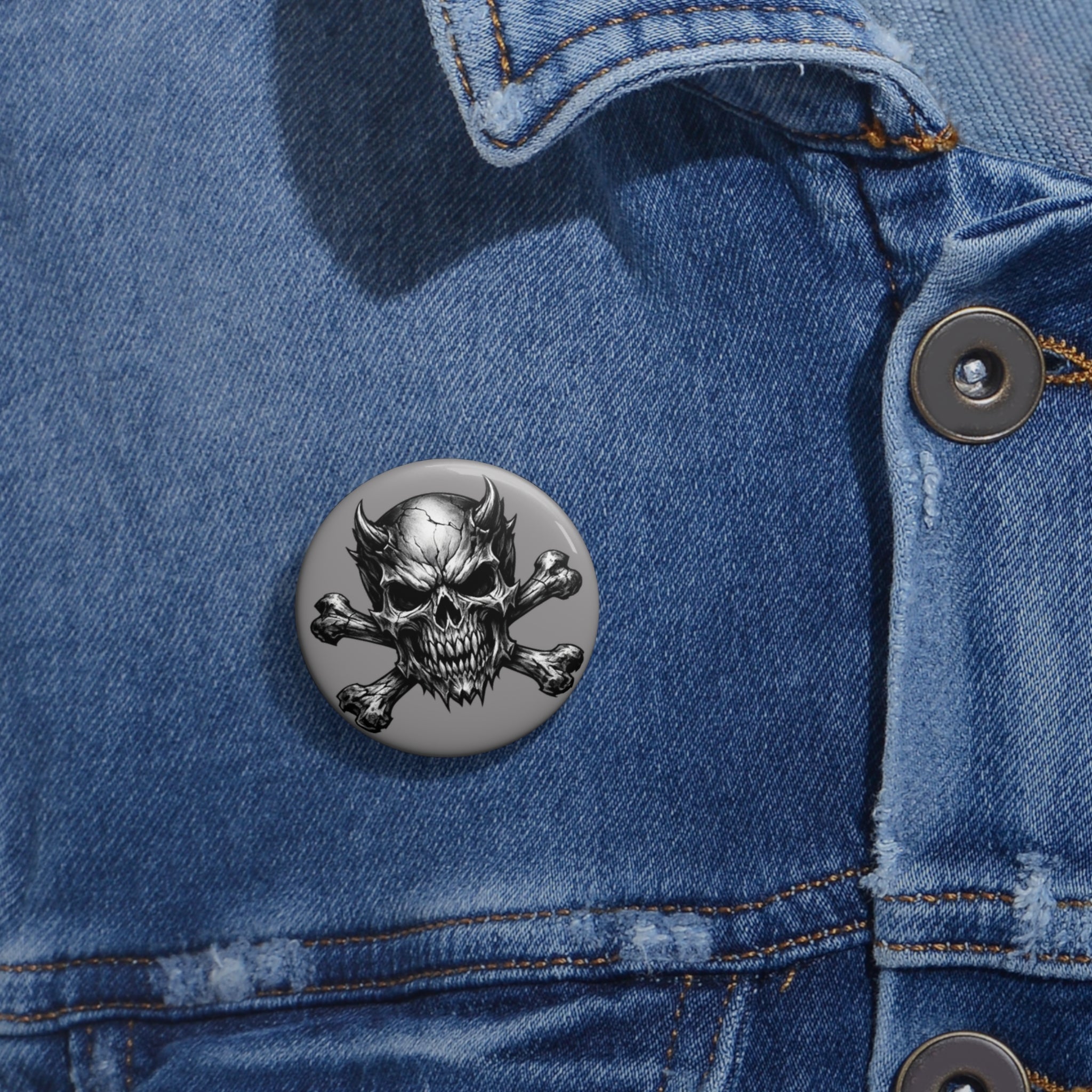 Evil Skull & Crossbones Pin Button — Gothic Metal Jacket Badge