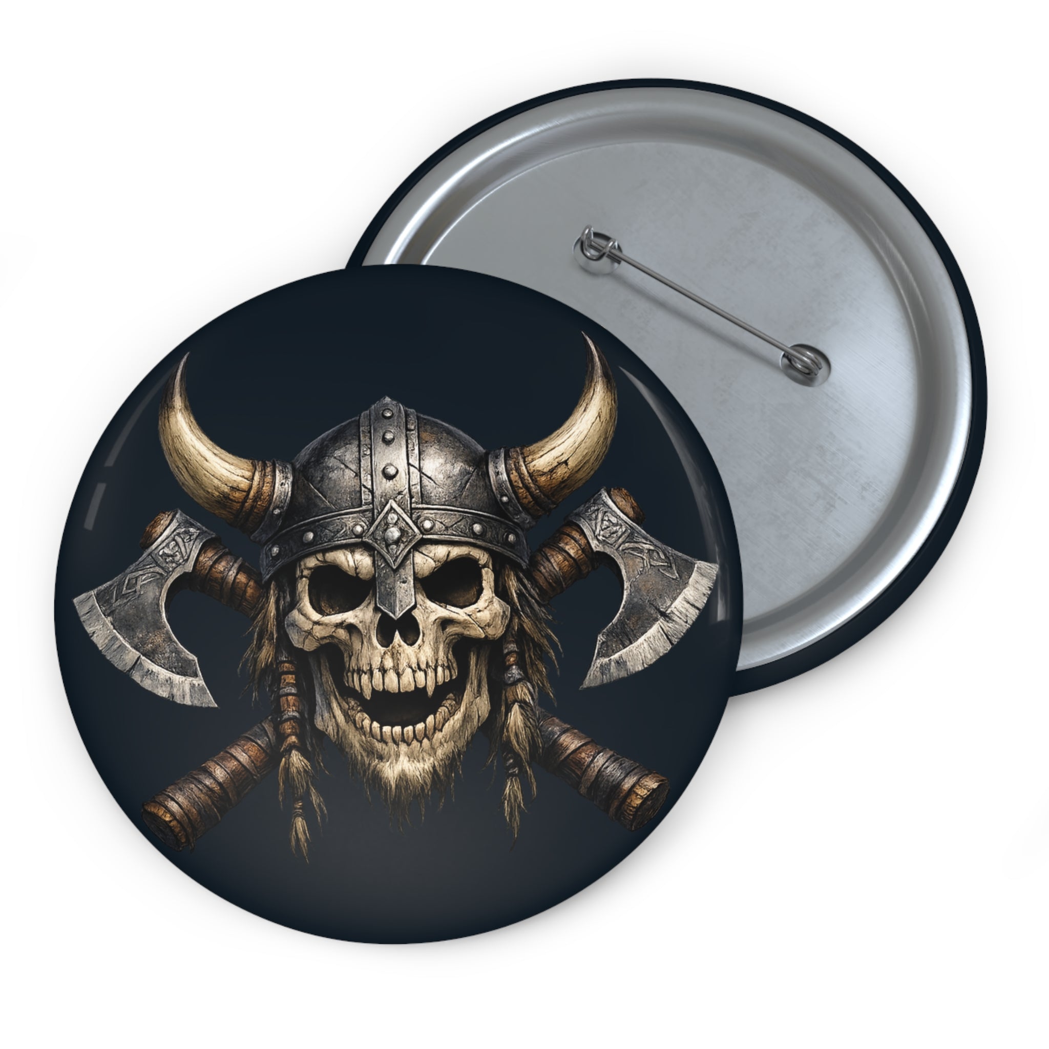 Viking Skull Button Pin — Axe Helmet Metal Badge
