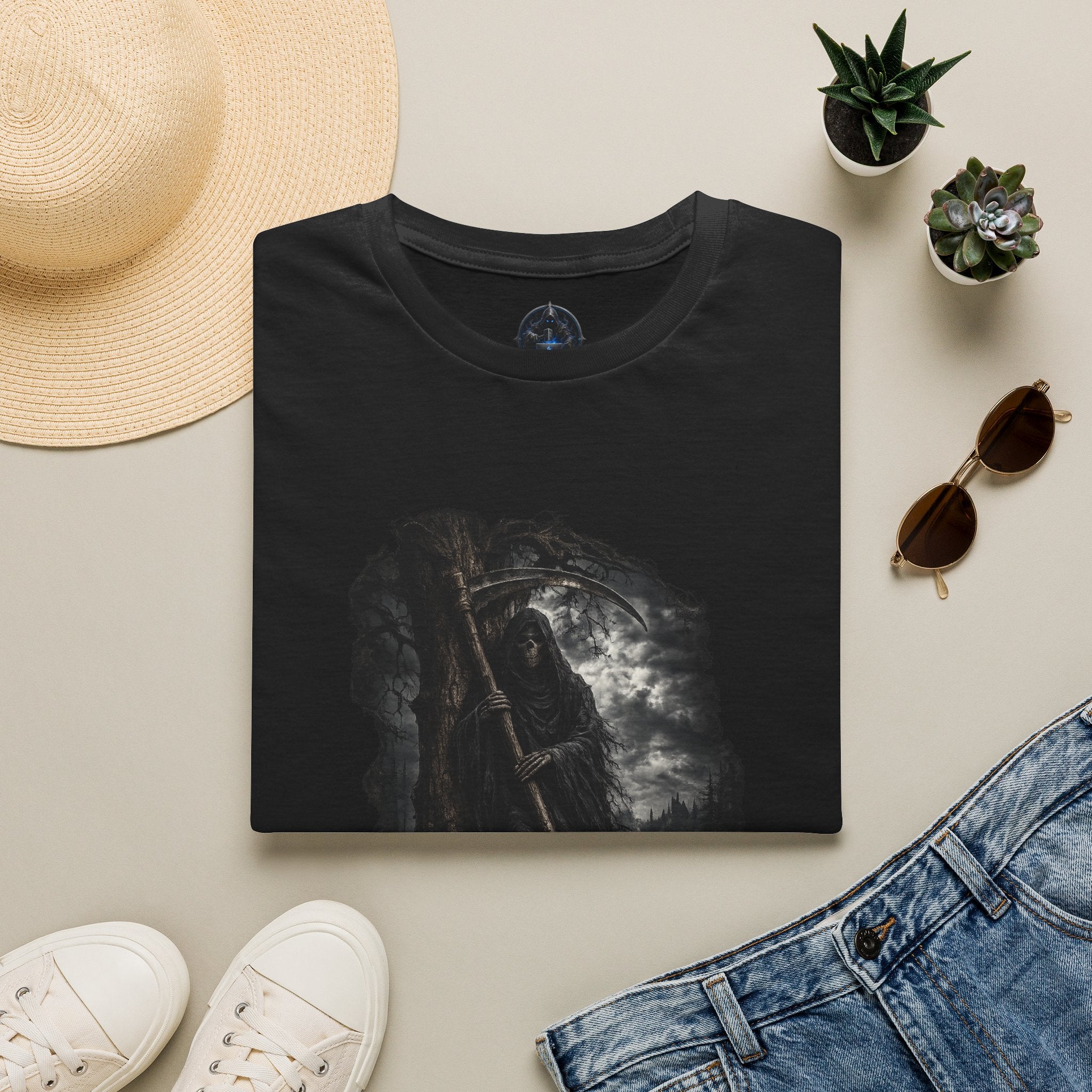 Grim Reaper Graphic T‑Shirt — Dark Gothic Scythe Design