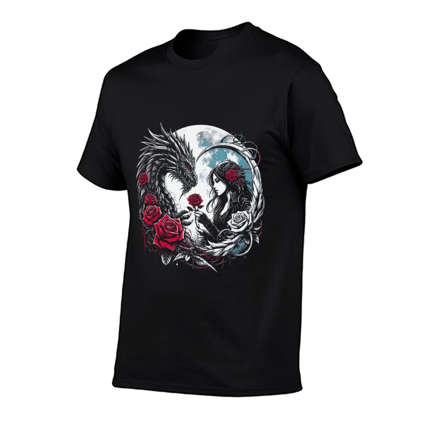 Gothic Dragon And Rose Full Moon Mystical Dark Fantasy Art Premium  Fade-proof Color T-Shirt