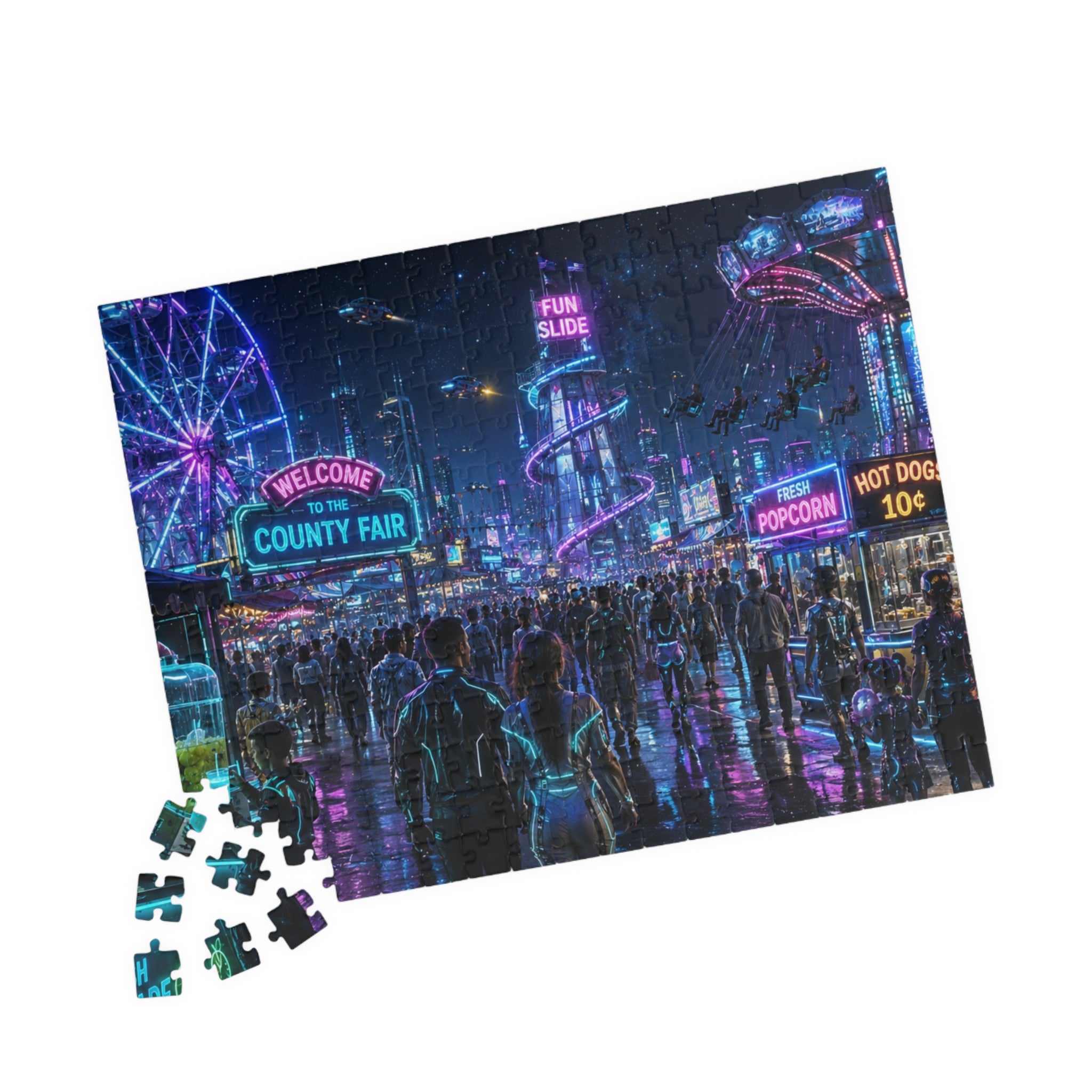 Futuristic County Fair Neon Night Jigsaw Puzzle — Carnival Lights 252/520/1014 pc