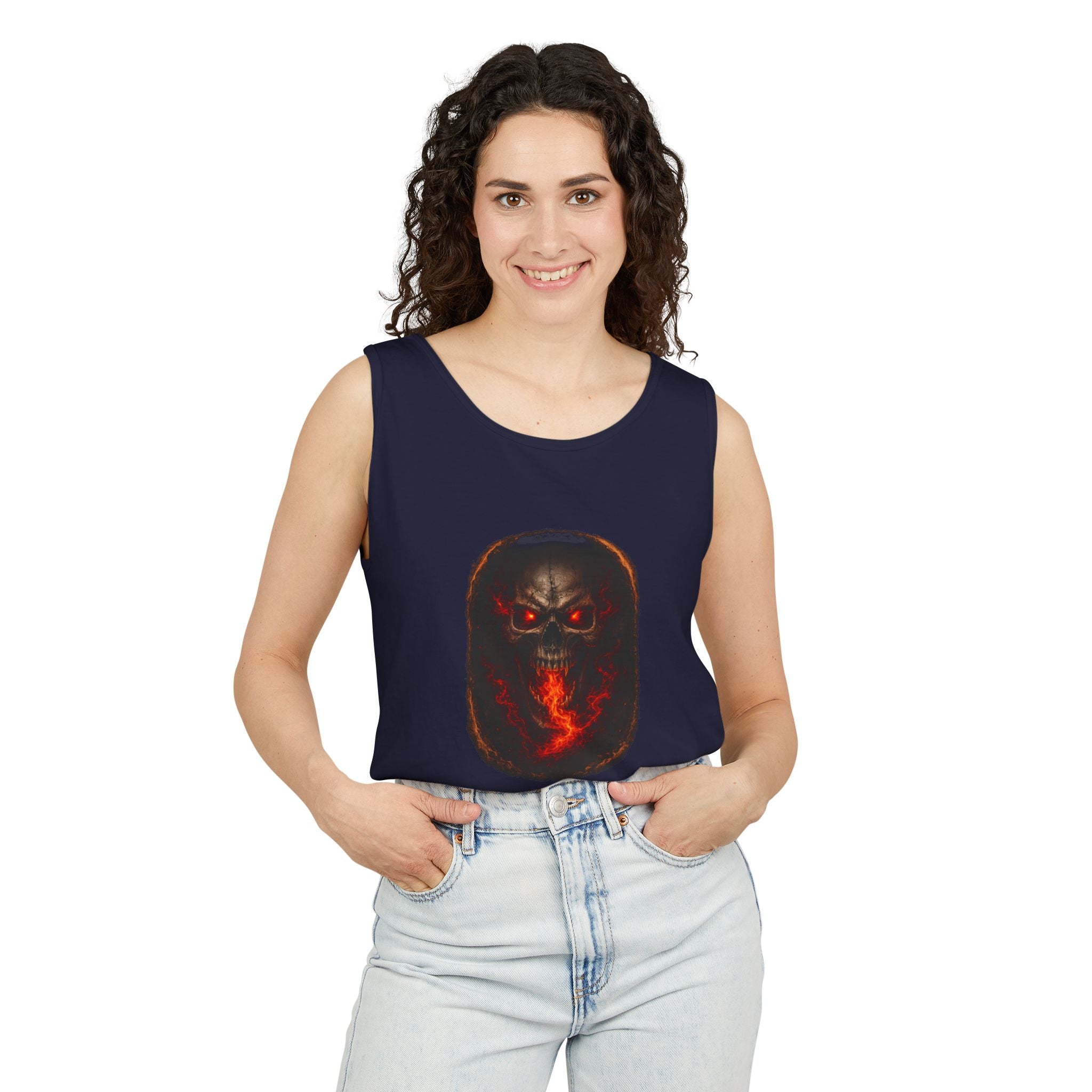 Demon Skull Flame Tank Top — Horror Graphic Summer Tee