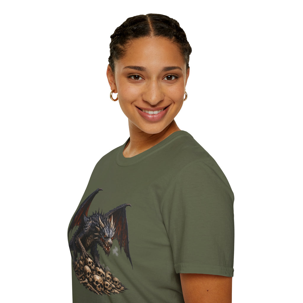 Dragon on Skull Pile Graphic T-Shirt — Dark Fantasy Winged Dragon Design