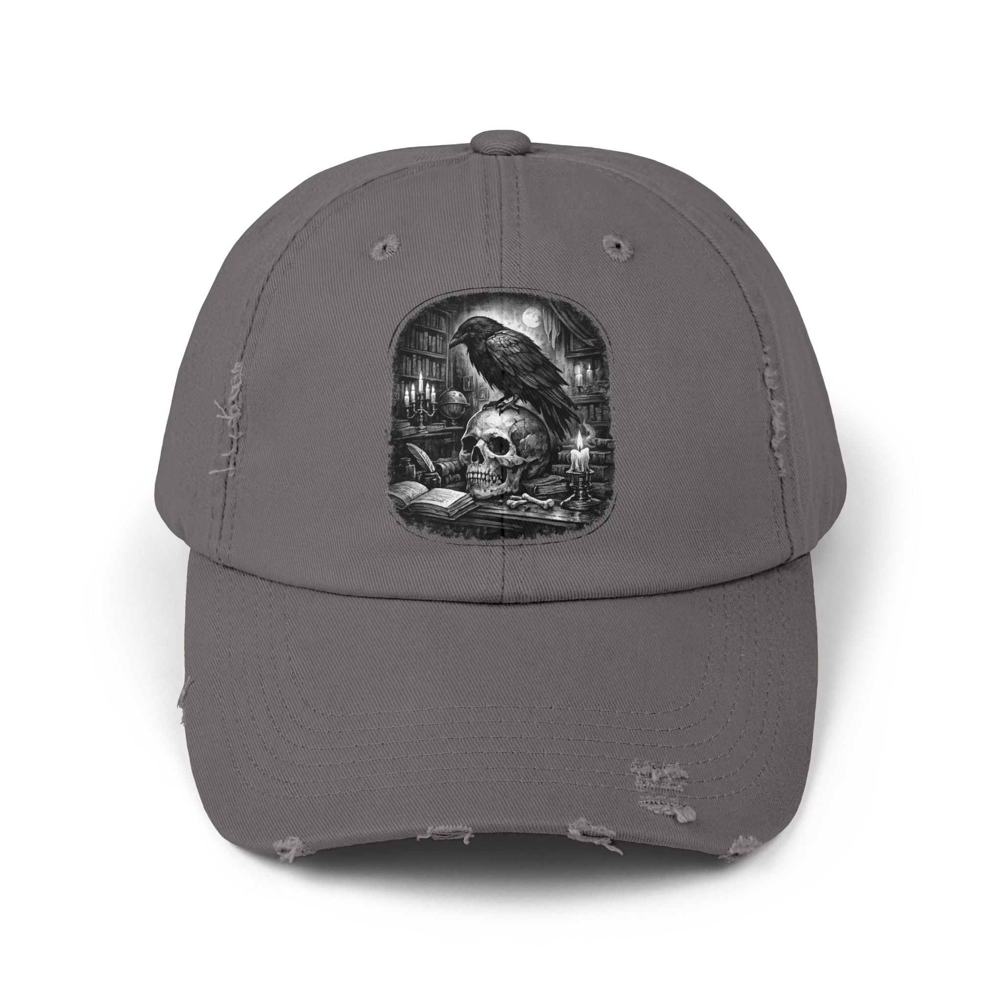 Distressed Raven & Skull Cap — Gothic Vintage Baseball Hat