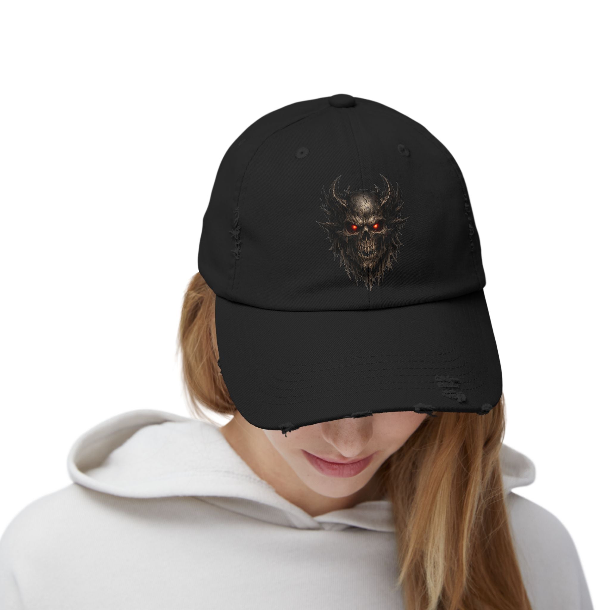 Distressed Skull Cap with Glowing Red Eyes — Gothic Demon Hat