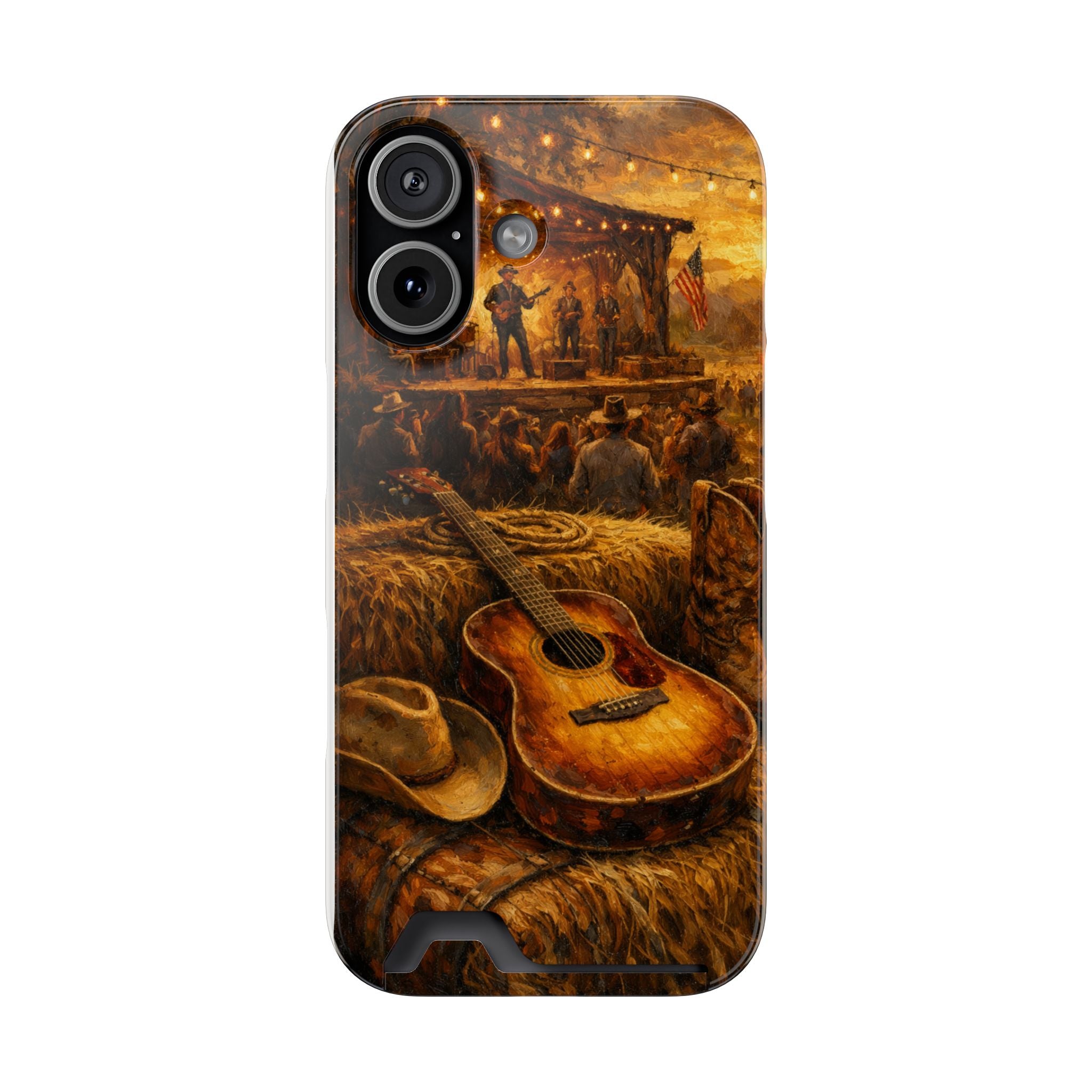 Country Music Guitar Phone Case with Card Holder — Rustic Concert Scene