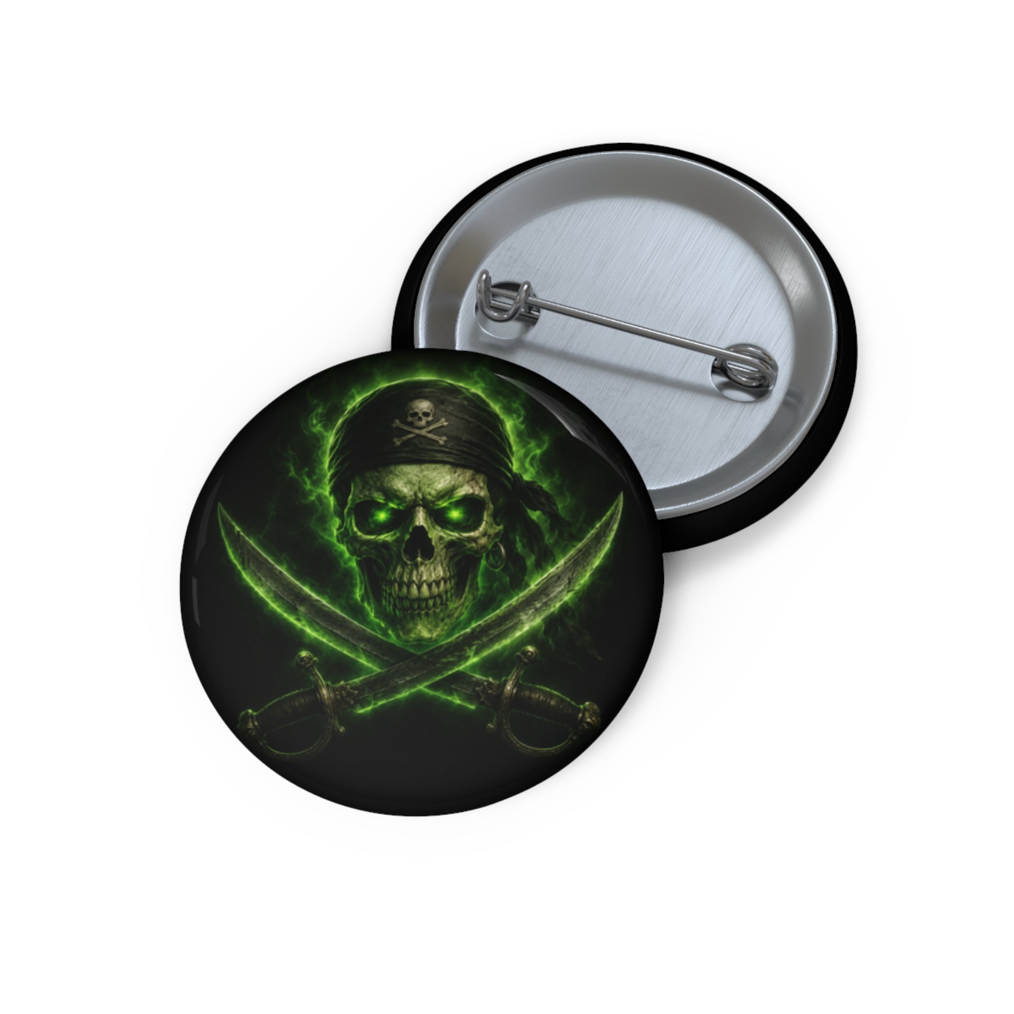 Pirate Skull Pin Button — Green Glow Crossed Swords Badge