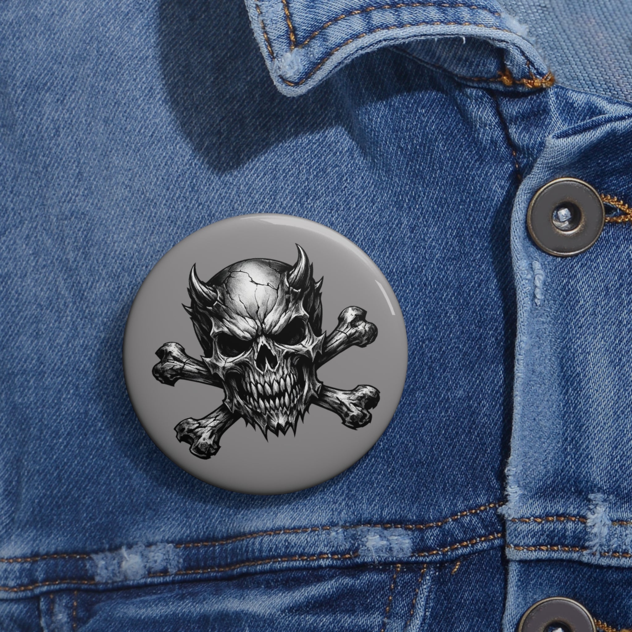 Evil Skull & Crossbones Pin Button — Gothic Metal Jacket Badge