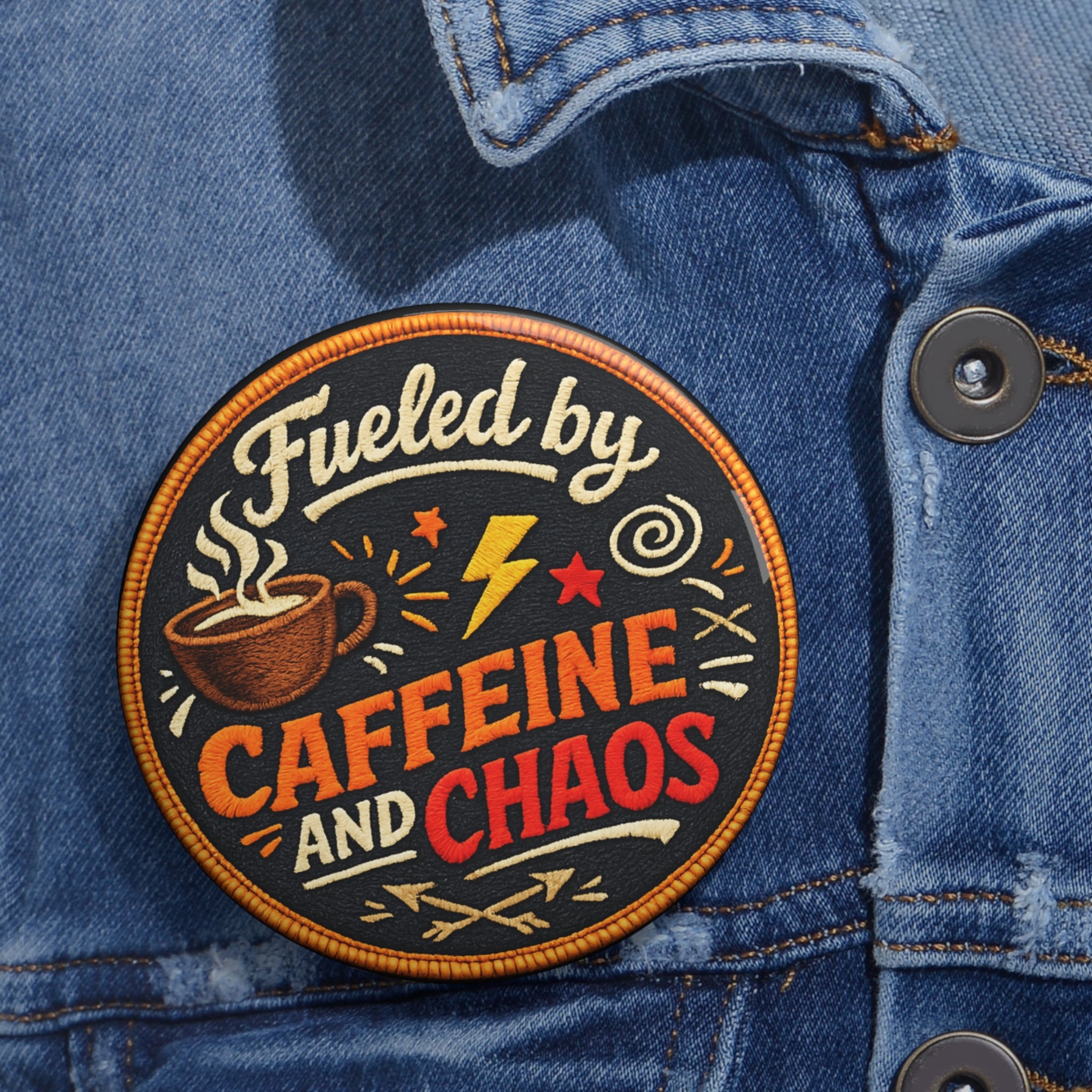 Caffeine and Chaos Pin Button — Funny Coffee Lover Enamel-Style Badge