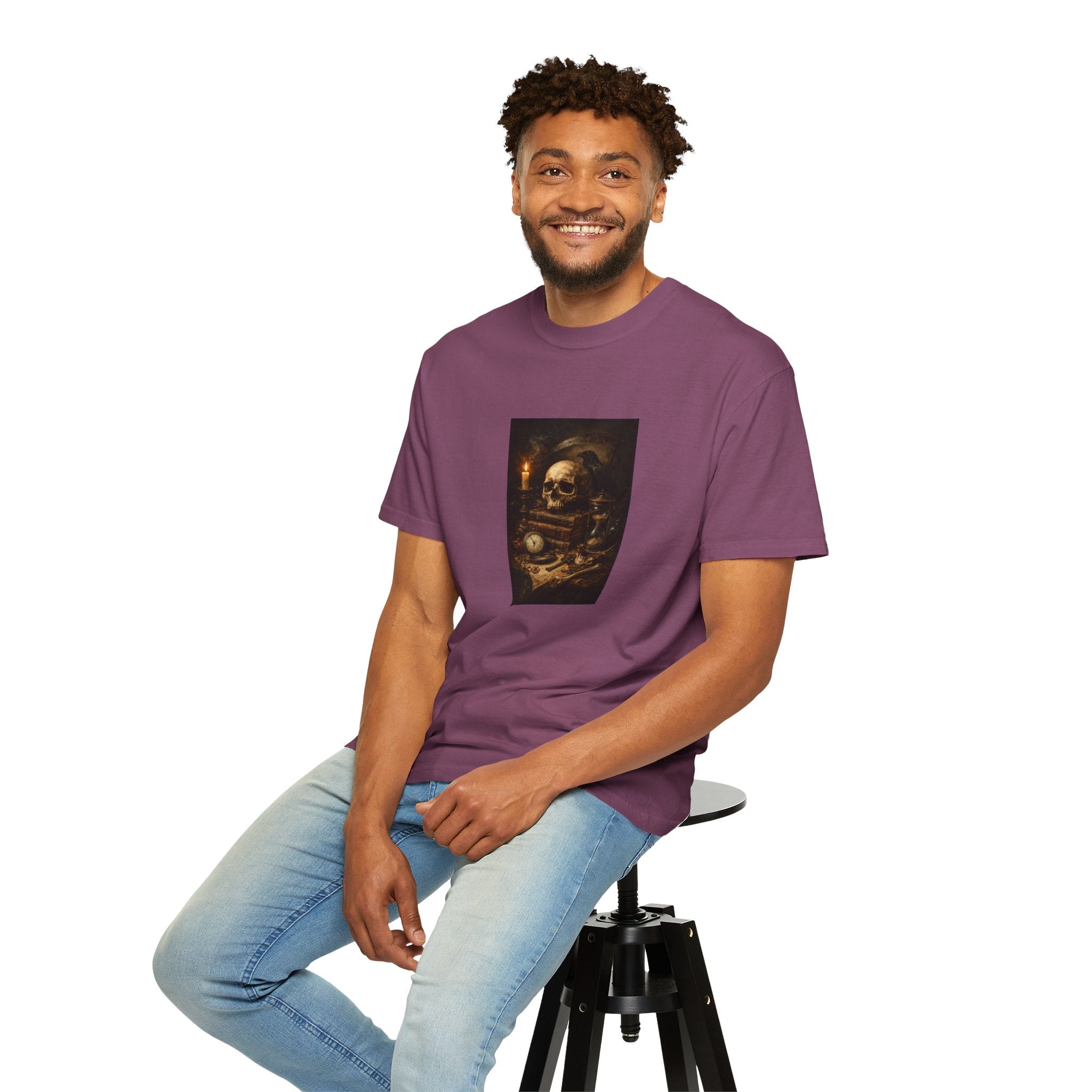 Skull Still Life T-Shirt — Vintage Vanitas Candle & Hourglass Graphic