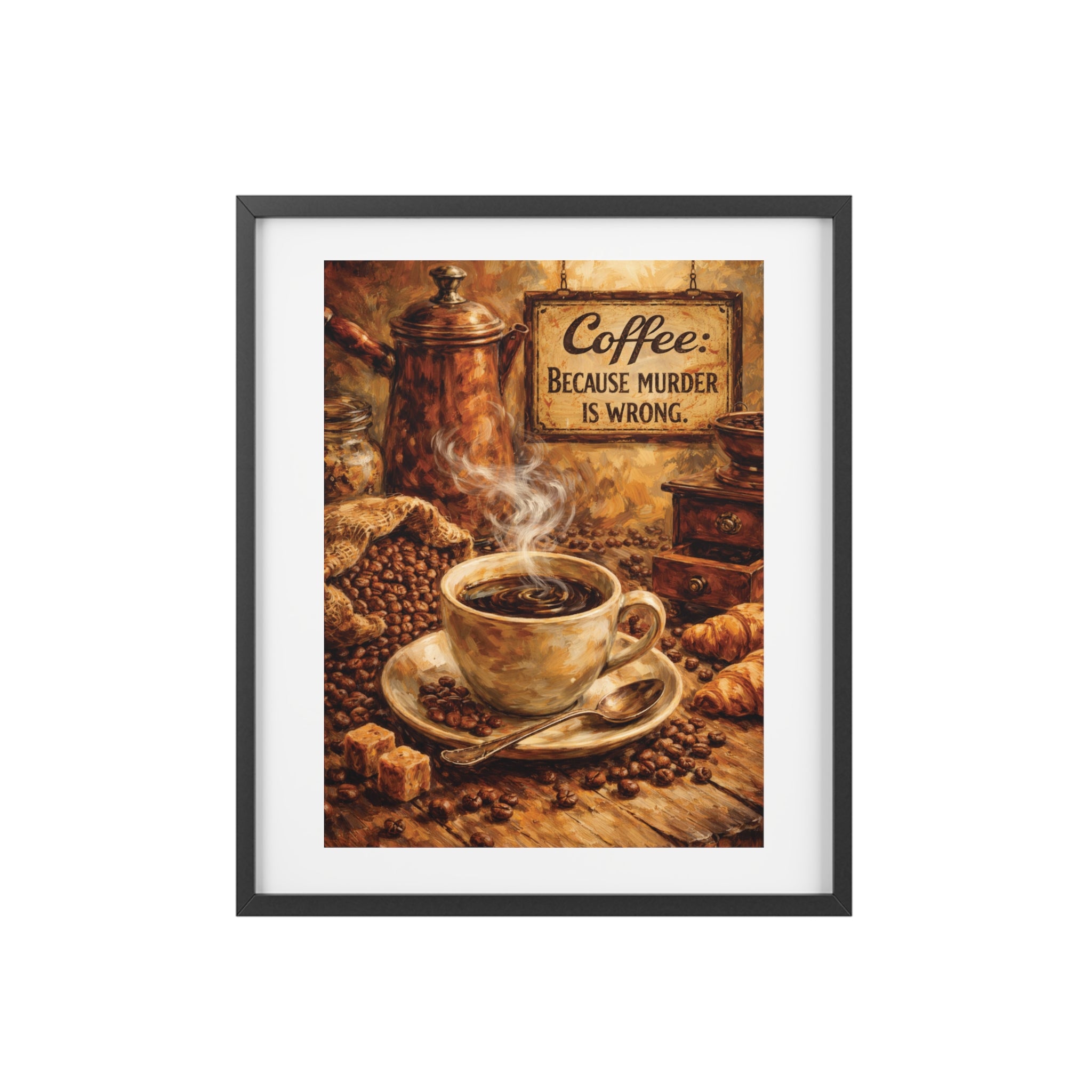 Framed Coffee Poster — "Coffee: Because Murder Is Wrong" Vintage Kitchen Wall Art