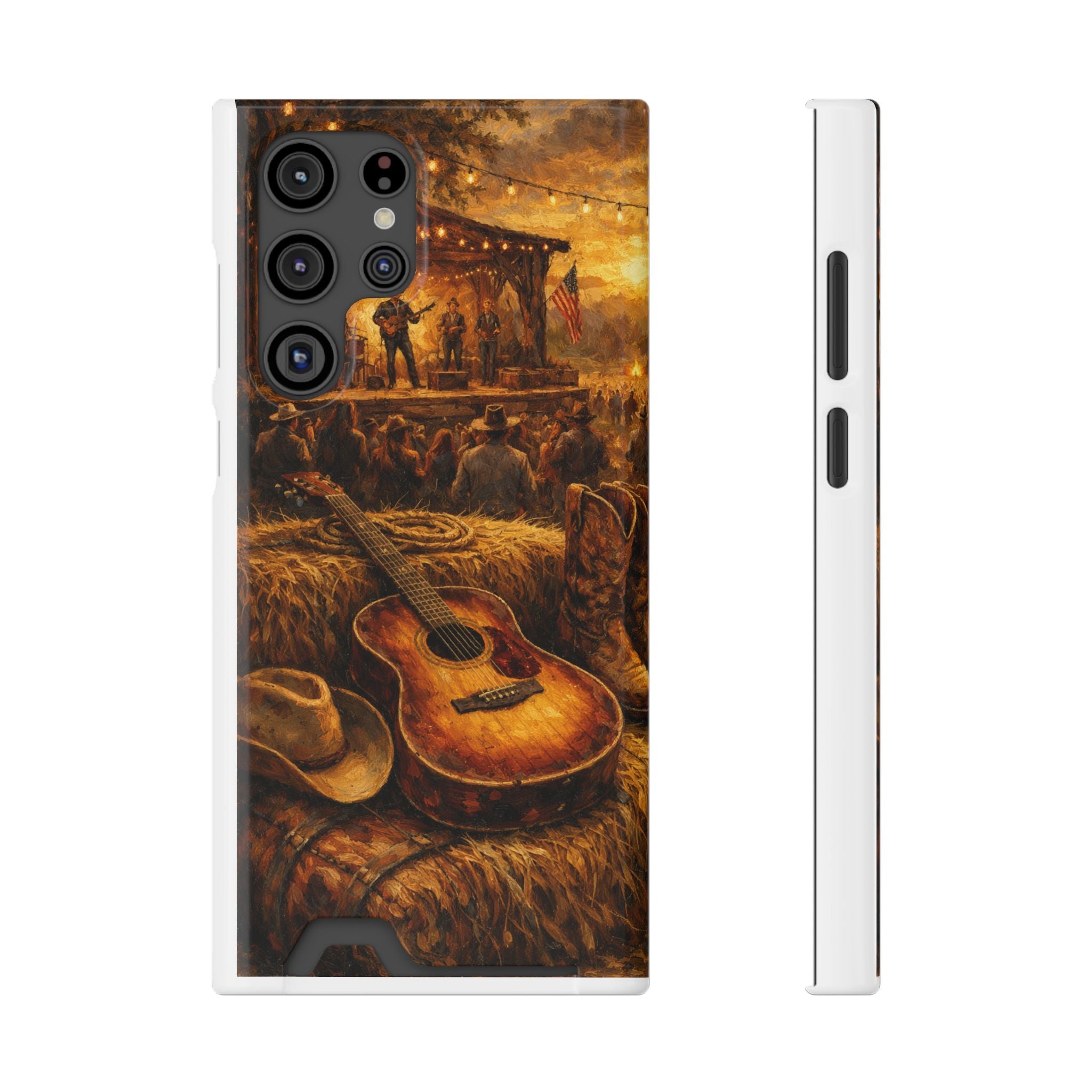 Country Music Guitar Phone Case with Card Holder — Rustic Concert Scene