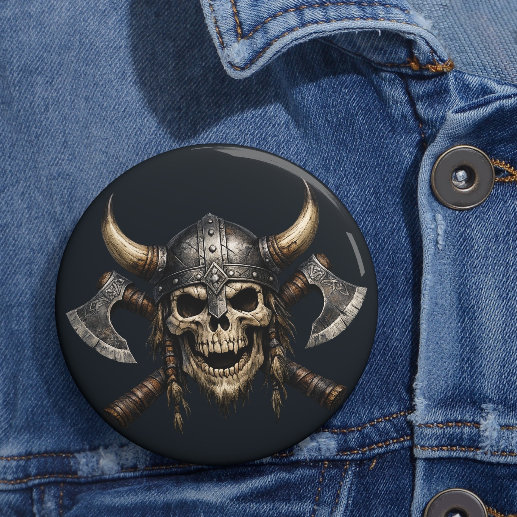 Viking Skull Button Pin — Axe Helmet Metal Badge