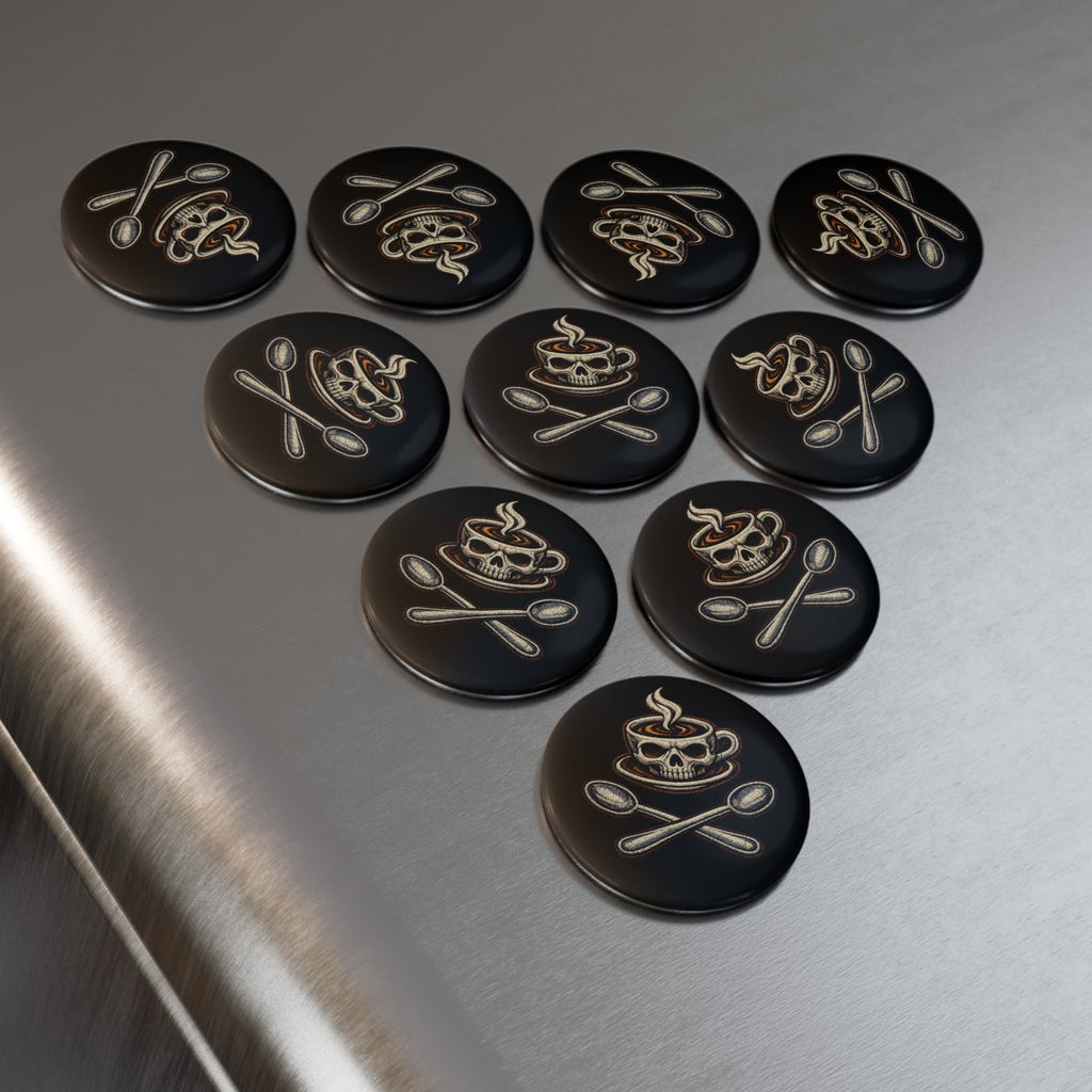 Skull Coffee Button Magnet — Dark Café Skull & Crossed Spoons Round Magnet