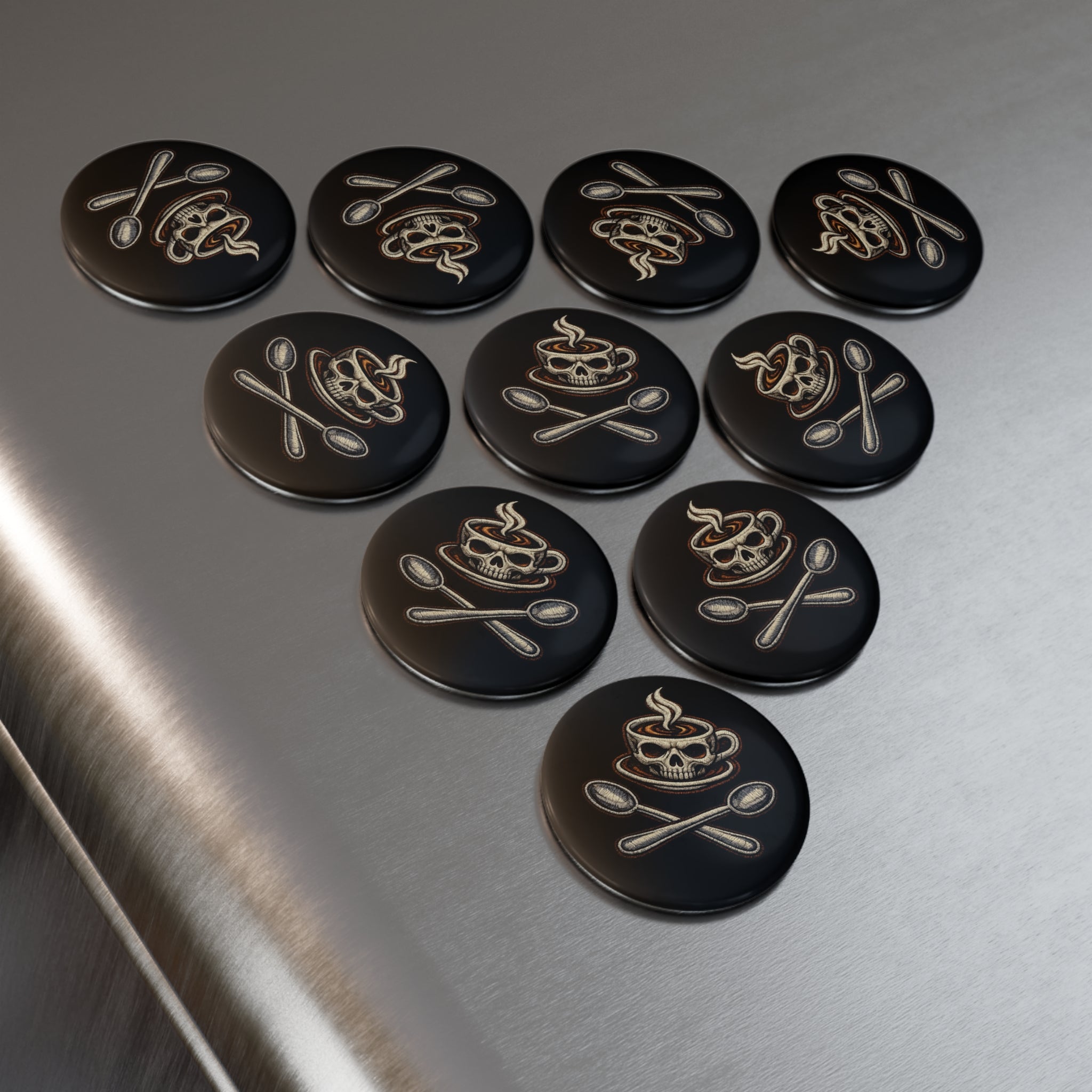 Skull Coffee Button Magnet — Dark Café Skull & Crossed Spoons Round Magnet