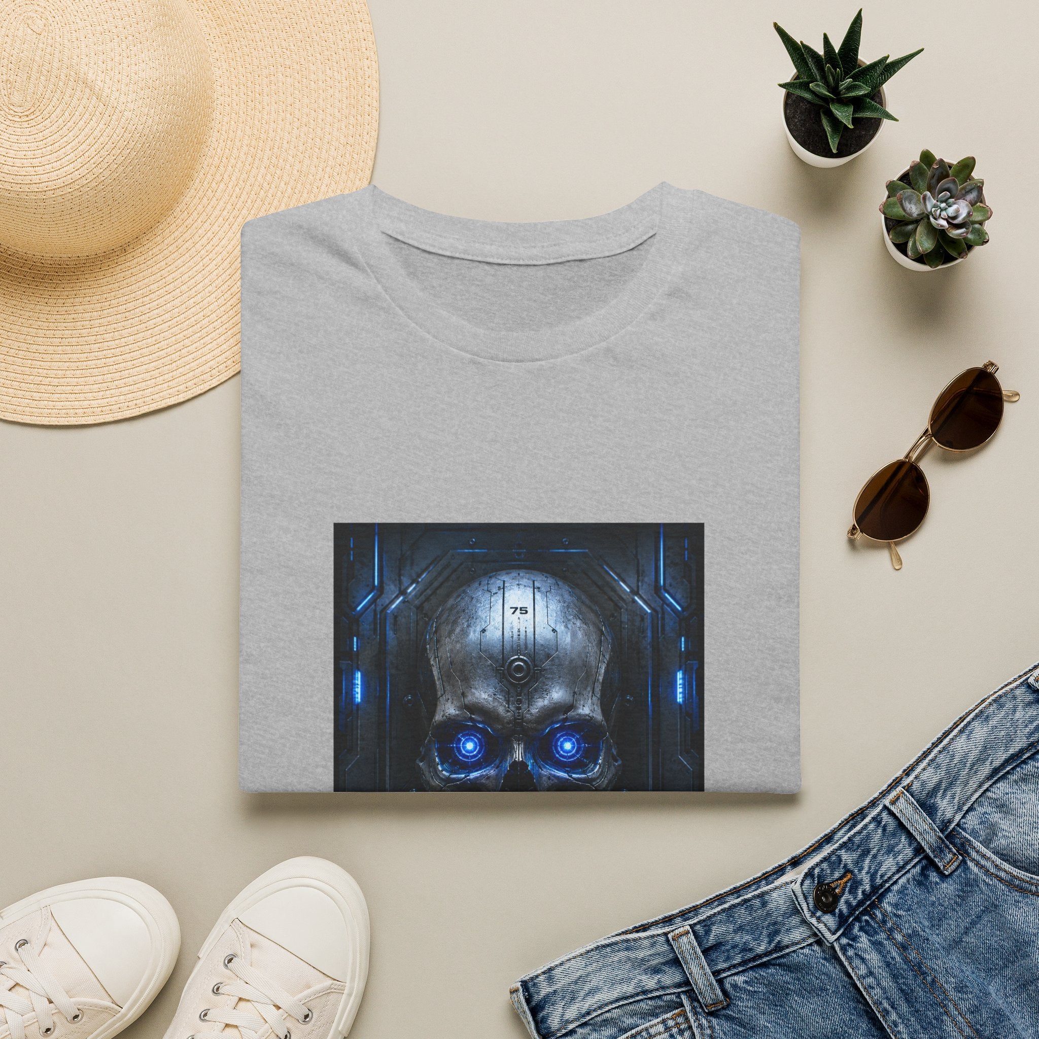 Skull Cyberpunk T-Shirt — Blue Glowing Skull Sci‑Fi Graphic Tee