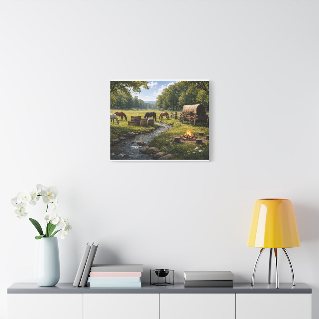 Country Trail Canvas Print – Rustic Wagon & Horses Matte Stretched Wall Art
