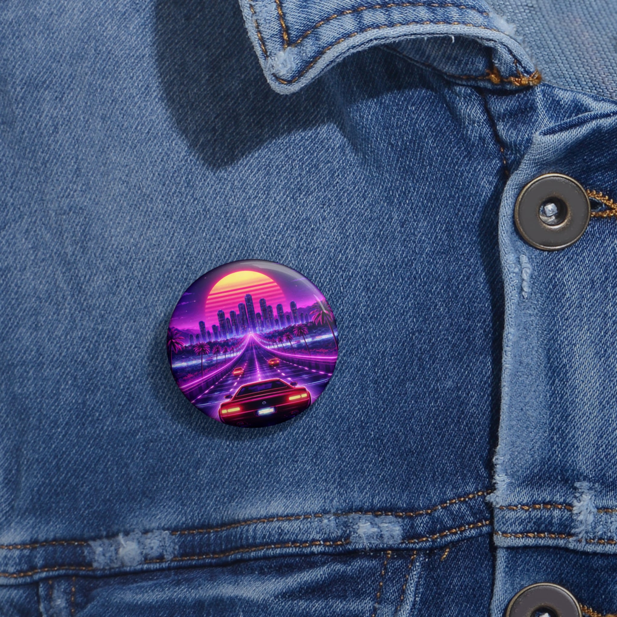 Retro Cyberpunk 1984 Inspired Video Game Pin Button — Neon Sunset Cityscape Car Design