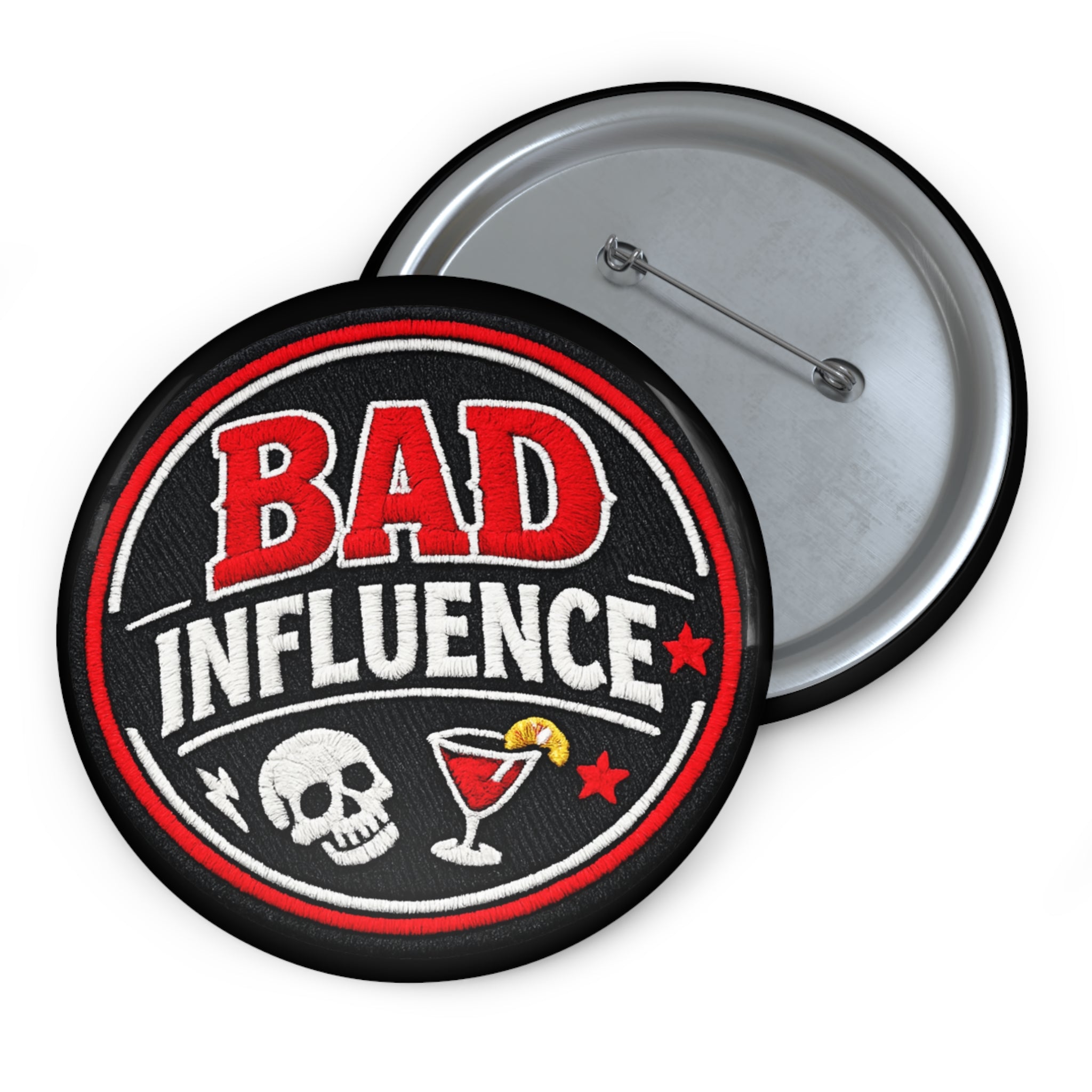 Bad Influence Pin Button — Funny Skull & Cocktail Enamel Jacket Badge